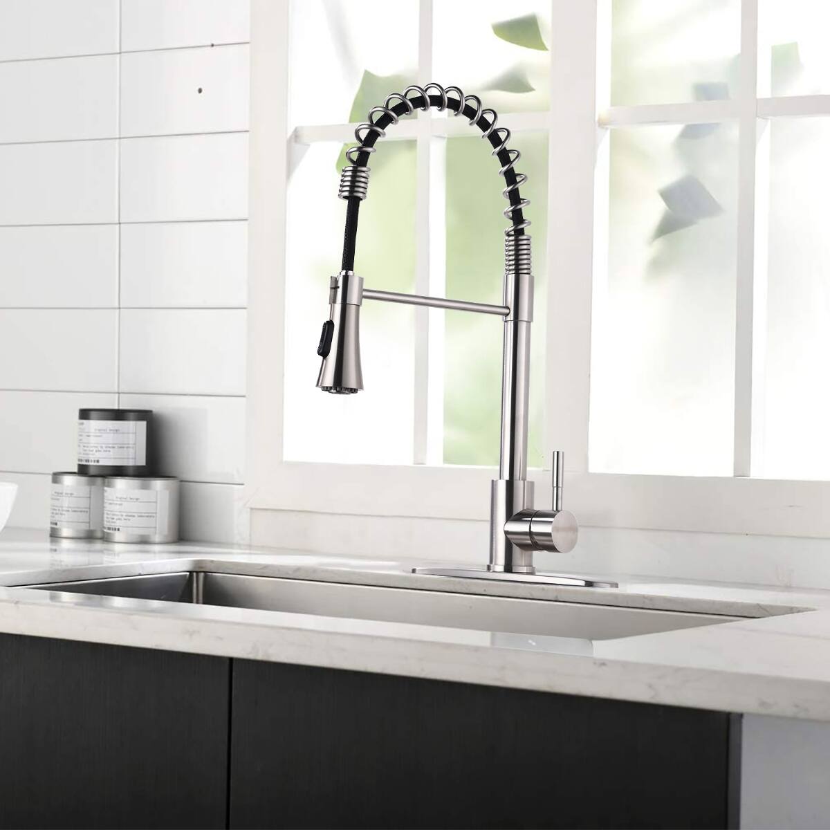 Back. Ropilly - Ropilly Commercial Kitchen Sink Faucet Brushed Nickel with Deck Plate Pull Down Sprayer - Brushed Nickel.