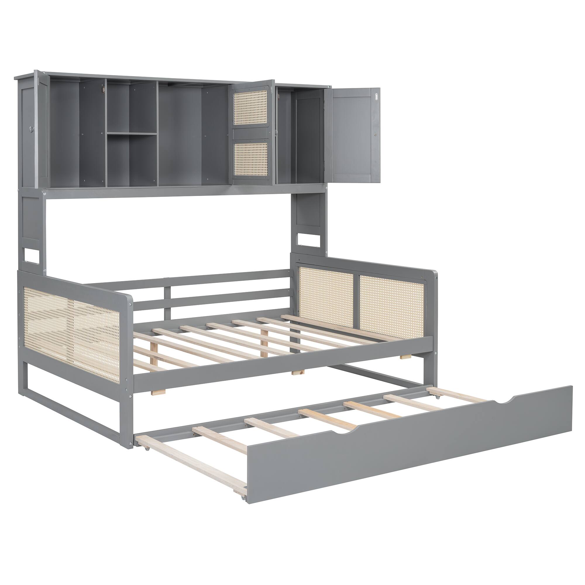 Alt View 6. Tiramisubest - Full Size Wooden Daybed With Twin Size Trundle, and All-in-One Cabinet and Shelf, Gray - Gray.