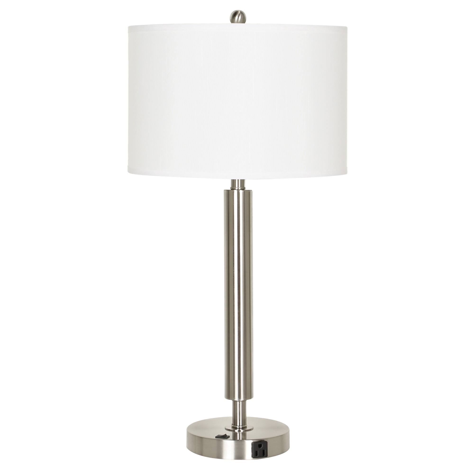 Front. Manhattan Lane - Metal Table Lamp with Fabric Drum Shade - Silver and White.