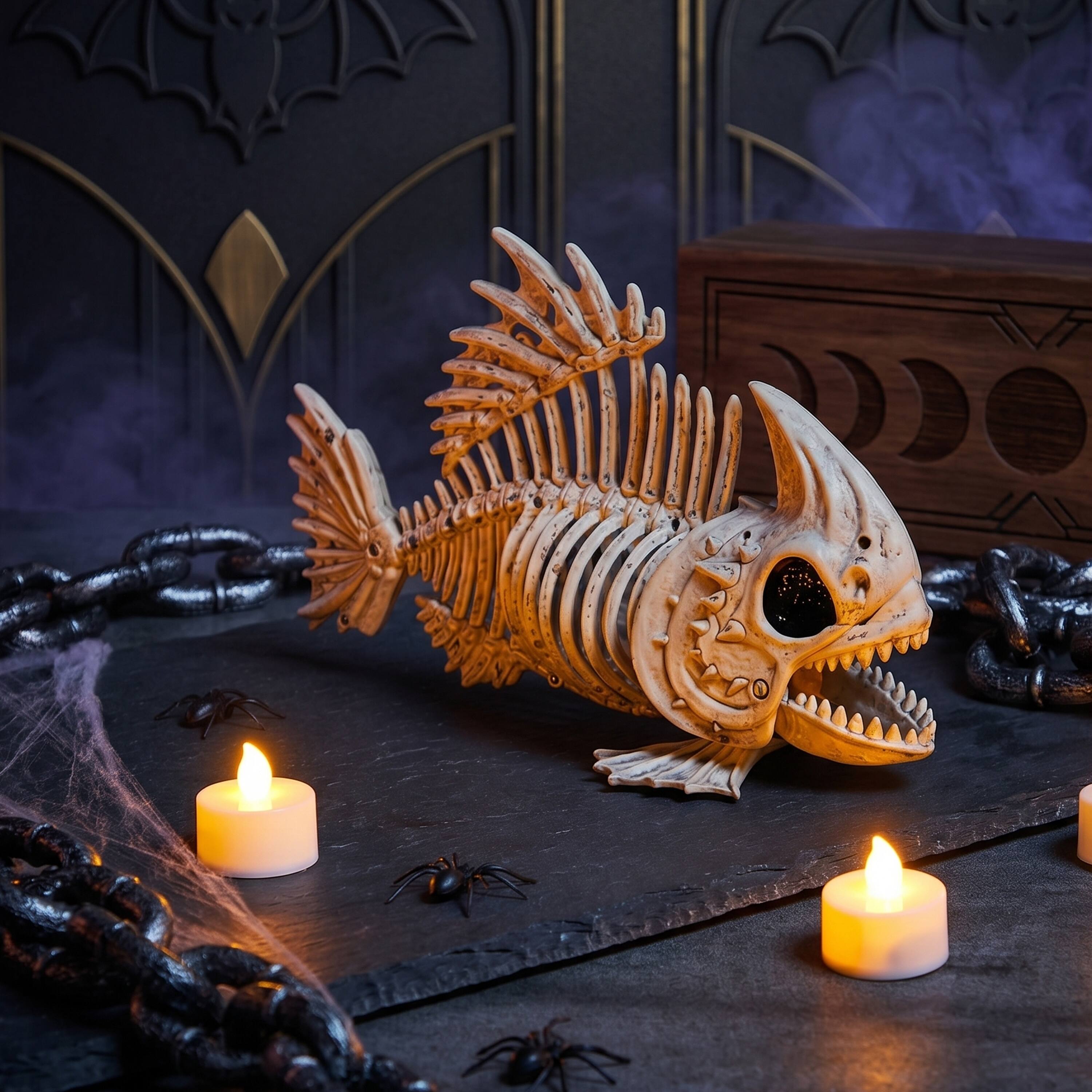 Alt View 3. Joyfy - 2 PCS 9.5" Halloween Fish Skeleton Decorations Plastic Fish Bone Indoor Outdoor Decor Party Favors Haunted House Props - White.