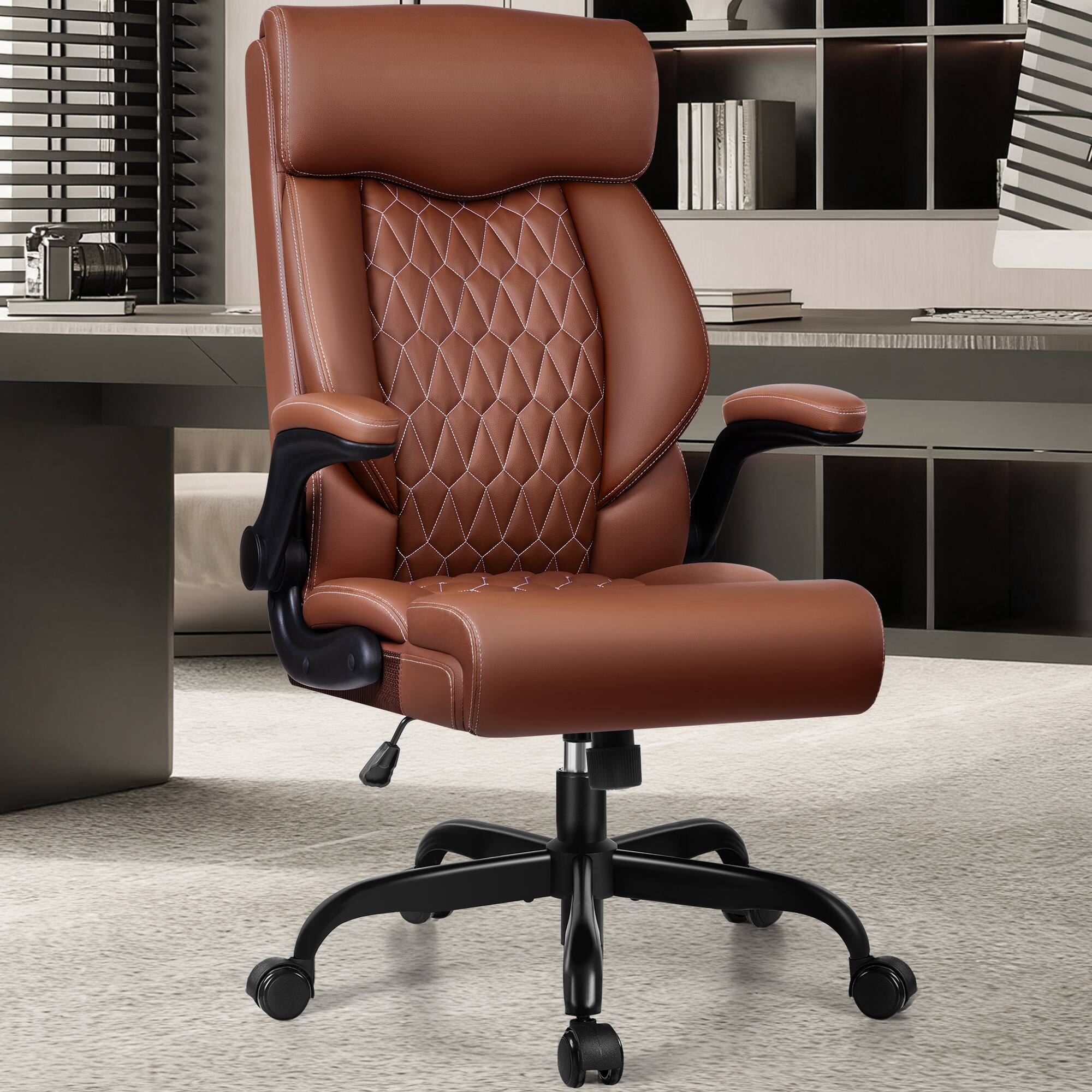 Brick Attic - High-Back Executive Office Chair , Ergonomic Leather Chair with Adjustable Lumbar Support and Flip-Up Armrests - Brown