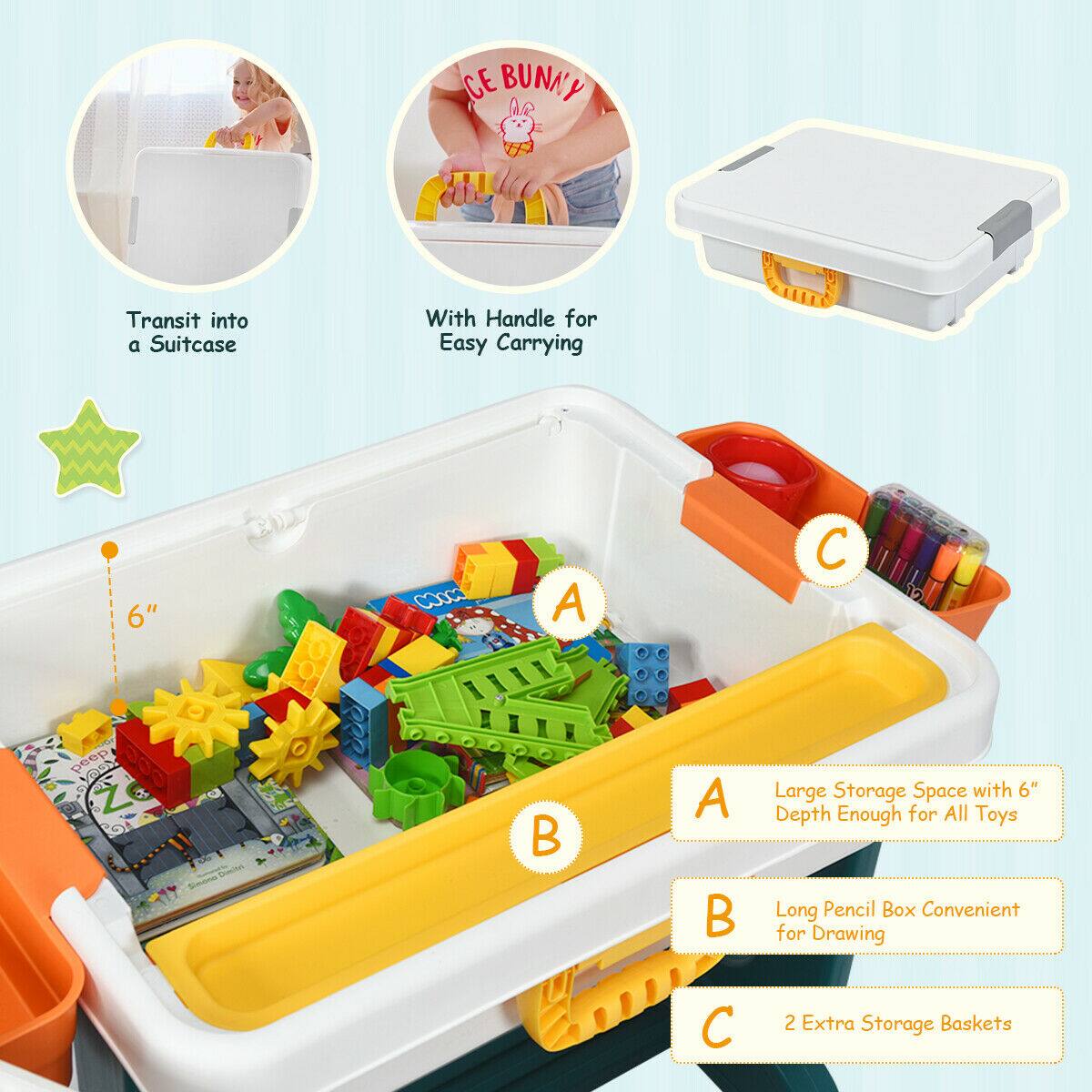 - Transit into a Suitcase
- With Handle for Easy Carrying
- Large Storage Space with 6" Depth Enough for All Toys
- Long Pencil Box Convenient for Drawing
- 2 Extra Storage Baskets