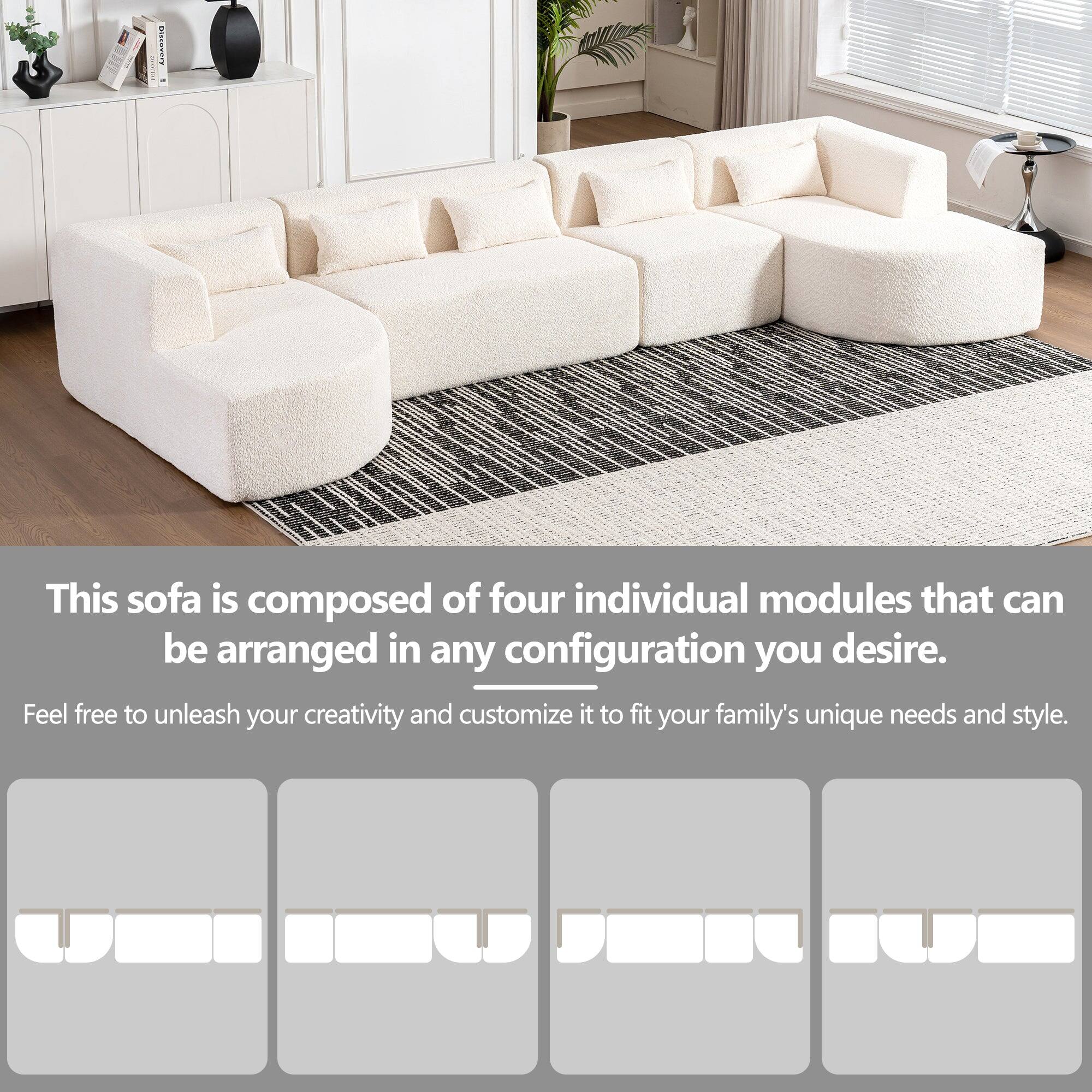 This sofa is composed of four individual modules that can be arranged in any configuration you desire.

Feel free to unleash your creativity and customize it to fit your family's unique needs and style.