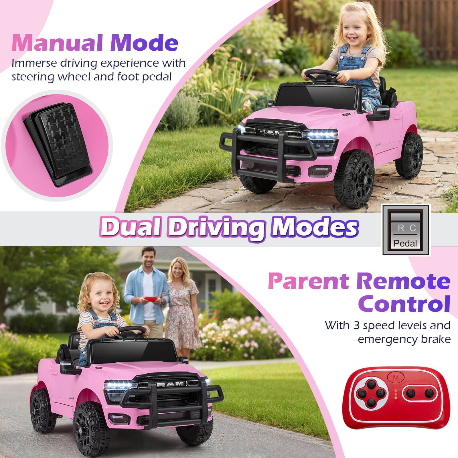 Manual Mode  
Immerse driving experience with steering wheel and foot pedal  

Dual Driving Modes  

Parent Remote Control  
With 3 speed levels and emergency brake