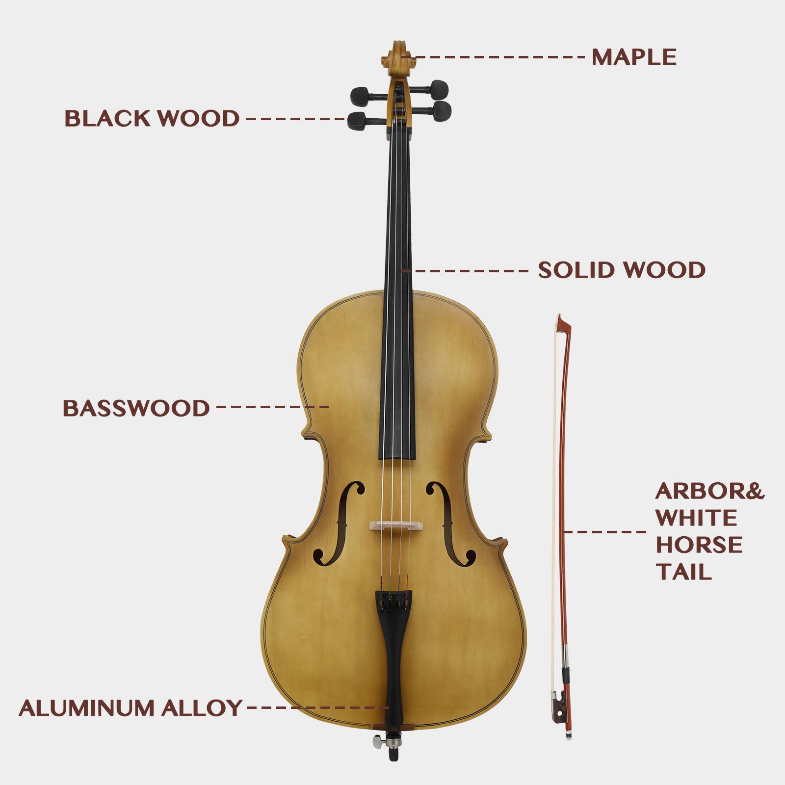 MAPLE  
BLACK WOOD  
SOLID WOOD  
BASSWOOD  
ALUMINUM ALLOY  
ARBOR & WHITE HORSE TAIL