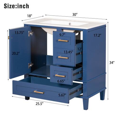 Size: inch  
18" 30" 13.75" H 9.7" 17.2" 20.2" 13.45" 12" 34" 6.65" 5.67" 25.5"