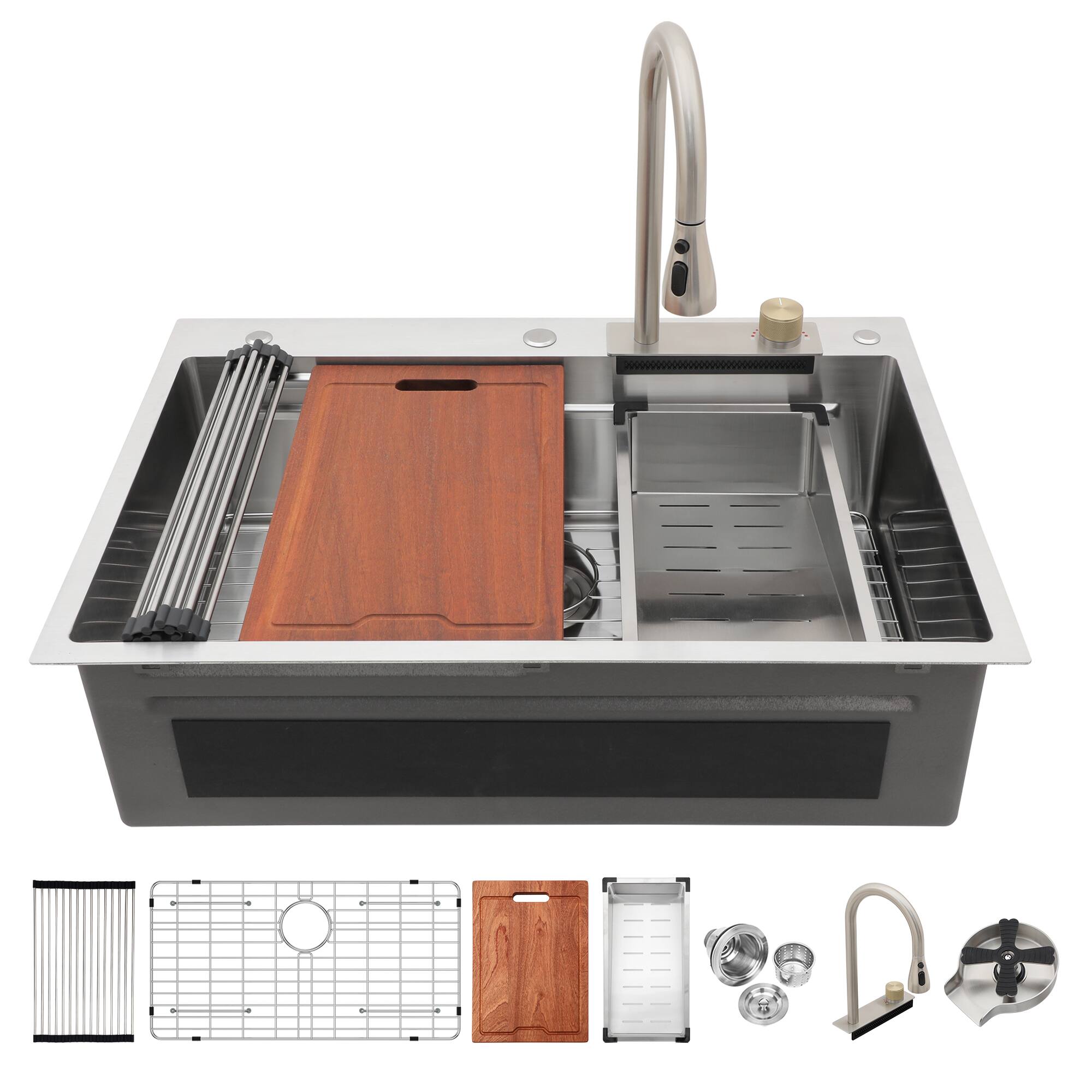 Front. APRILSOUL - 33 x 22 x 10in Single Bowl 16 Gauge Stainless Steel Ledge Workstation Kitchen Sinks with Pull-Down Faucet and Cup Washer - Brushed Nickel.