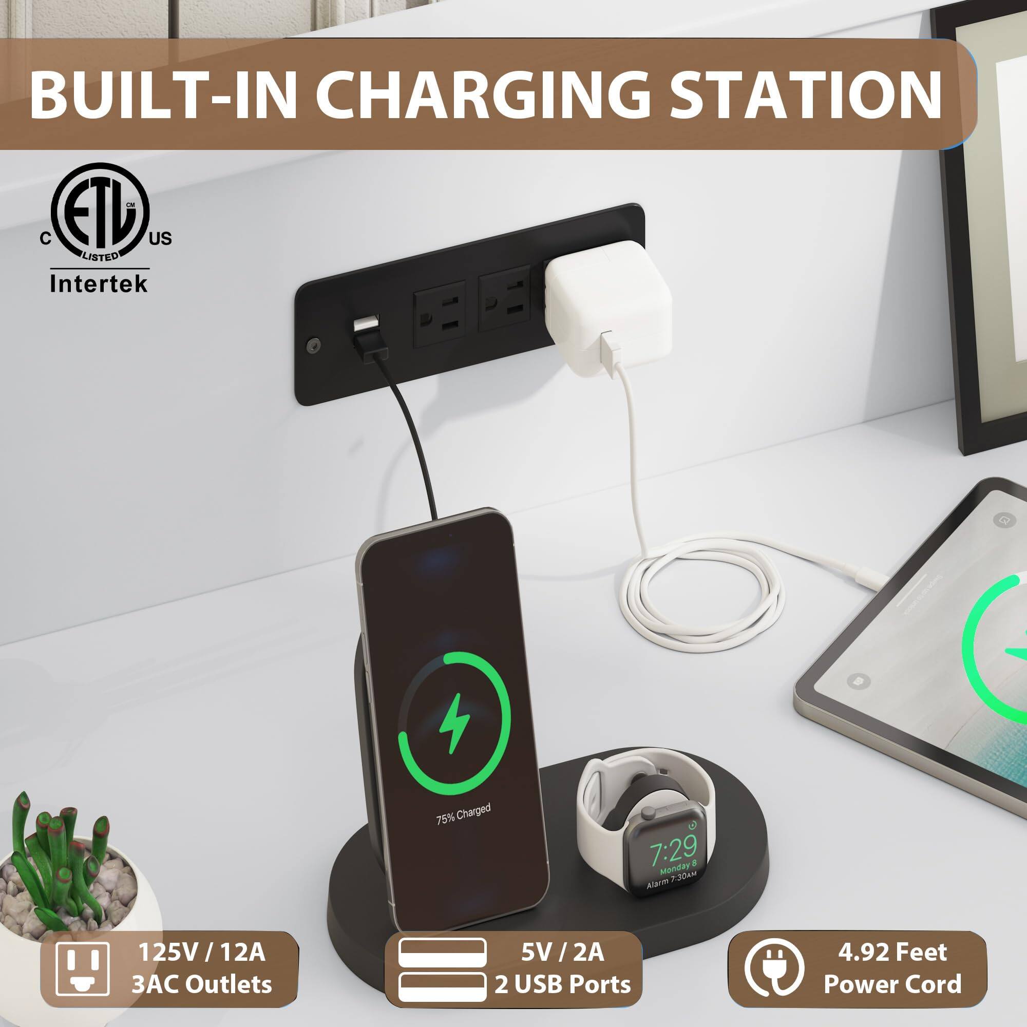 BUILT-IN CHARGING STATION

- 125V / 12A
- 3AC Outlets
- 5V / 2A
- 2 USB Ports
- 4.92 Feet Power Cord

75% Charged

7:29 Manday 8

ETL US LISTED Intertek