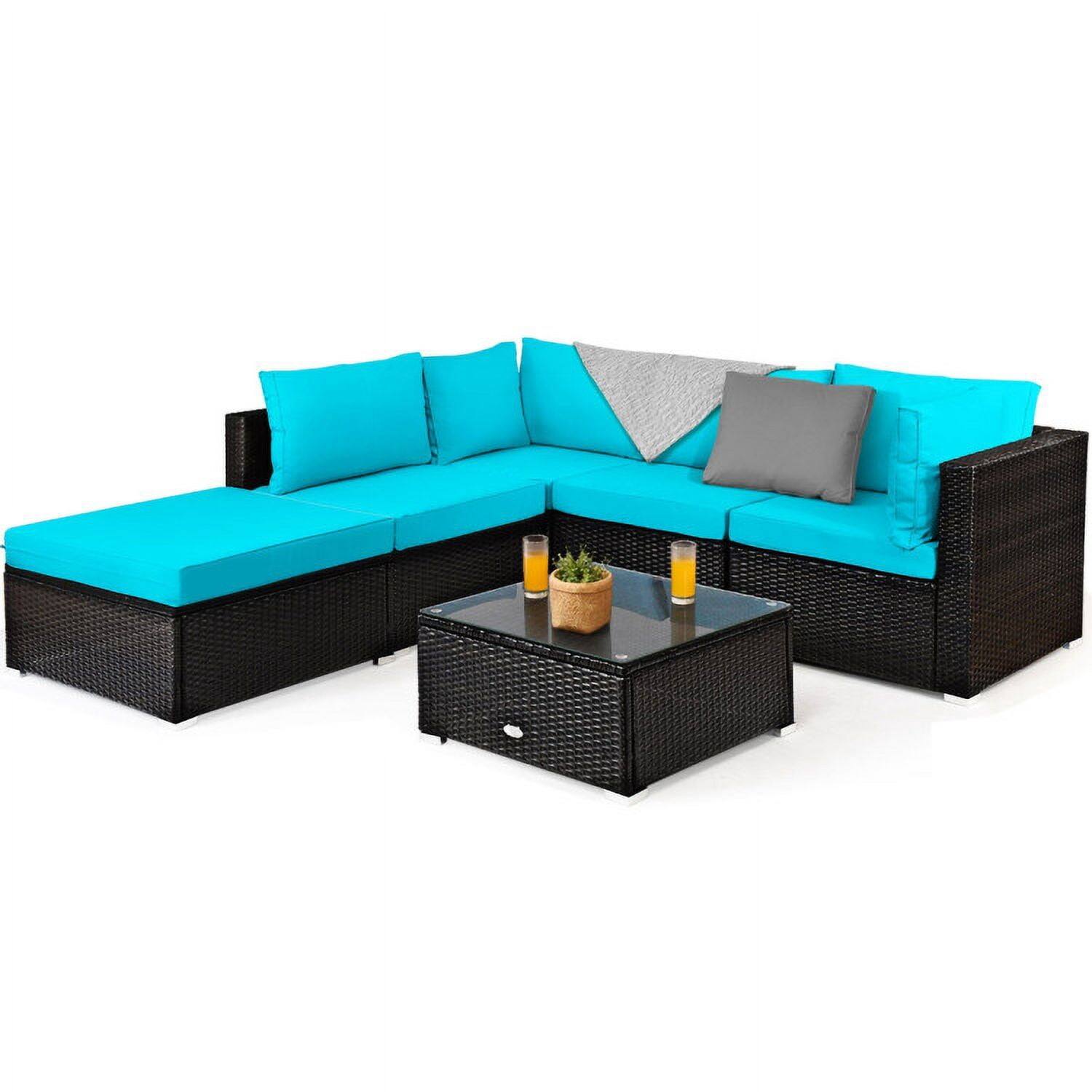 Alt View 5. Kadyn - 6 Pieces Outdoor Patio Rattan Furniture Set Sofa Ottoman-Turquoise, Patio Seating Conversation Set - Blue.
