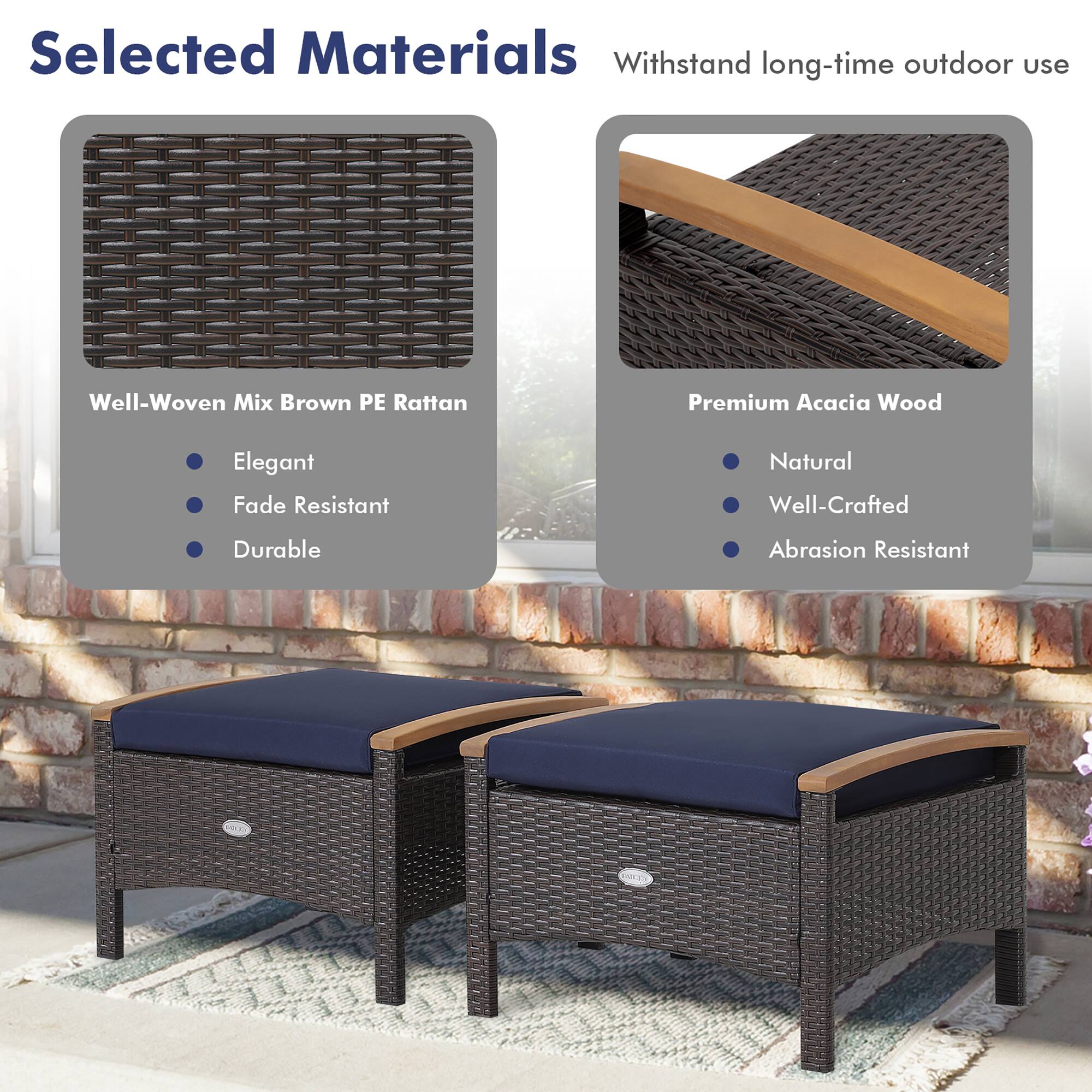 Selected Materials  
Withstand long-time outdoor use  

Well-Woven Mix Brown PE Rattan  
- Elegant  
- Fade Resistant  
- Durable  

Premium Acacia Wood  
- Natural  
- Well-Crafted  
- Abrasion Resistant