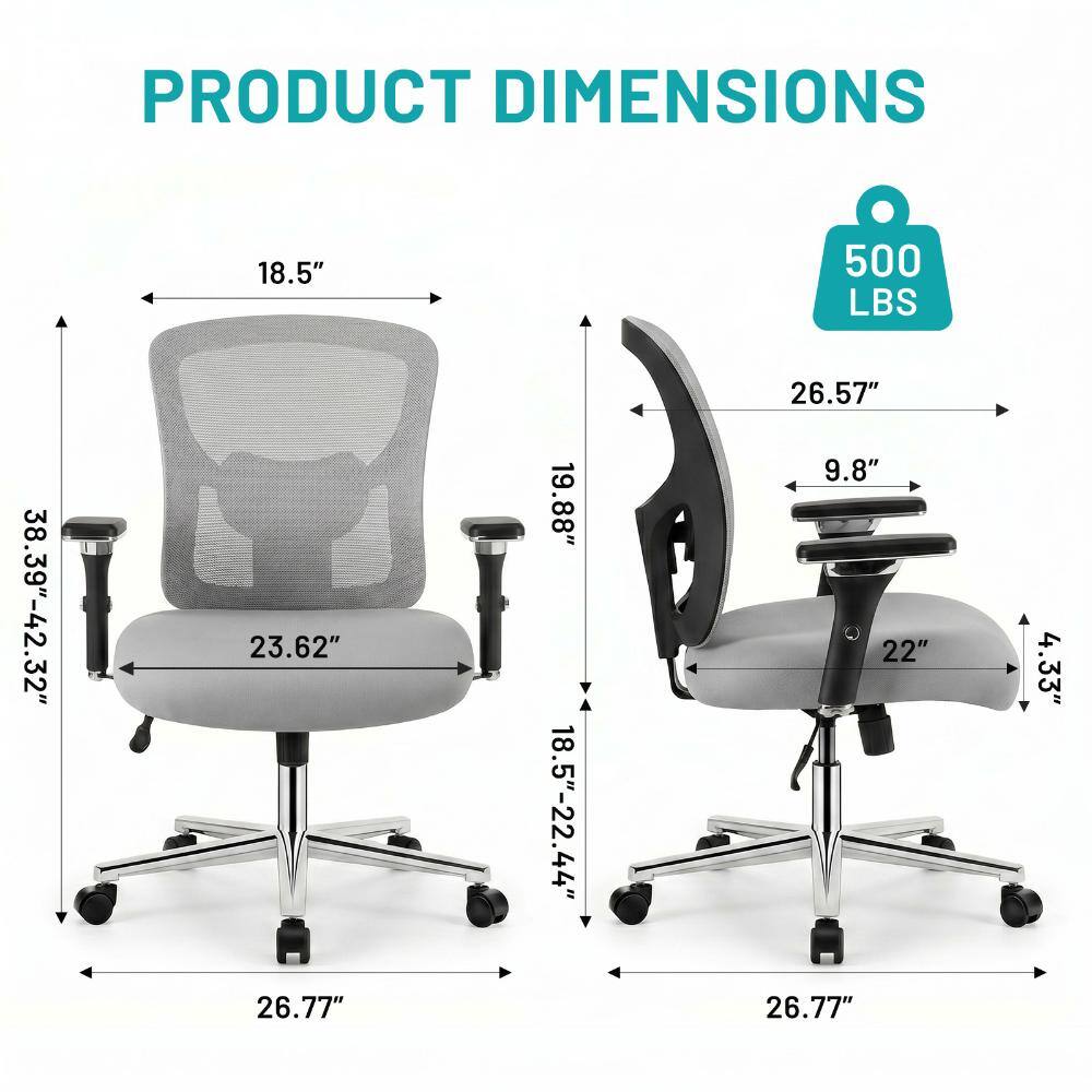 PRODUCT DIMENSIONS

- 18.5"
- 500 LBS
- 38.39"-42.32"
- 23.62"
- 26.77"
- 19.88"
- 18.5"-22.44"
- 26.57"
- 9.8"
- 22"
- 4.33"