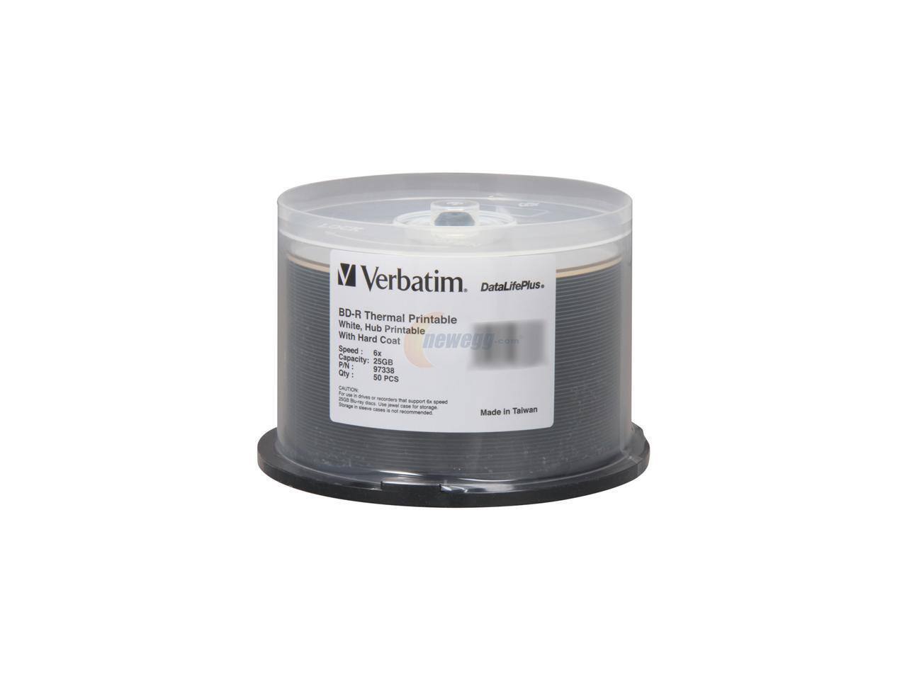 Verbatim. DataLifePlus. BD-R Thermal Printable White, Hub Printable With Hard Coat Speed: 6x Capacity: 25GB PN: 97338 Qty: 50 PCS CAUTION: For use in drives or recorders that support 6x speed. Storage in sleeve cases is not recommended. Made in Taiwan
