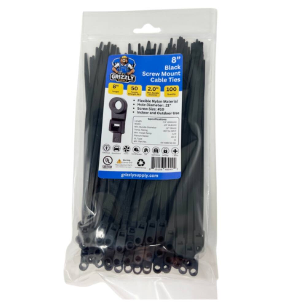 8" Black Screw Mount GRIZZLY Cable Ties, 8" 50 2.0" 100 Flexible Nylon Material, Hole Diameter 21, Screw Size: #30, Indoor and Outdoor Use, Specifications UL Listed, grizzlysupply.com