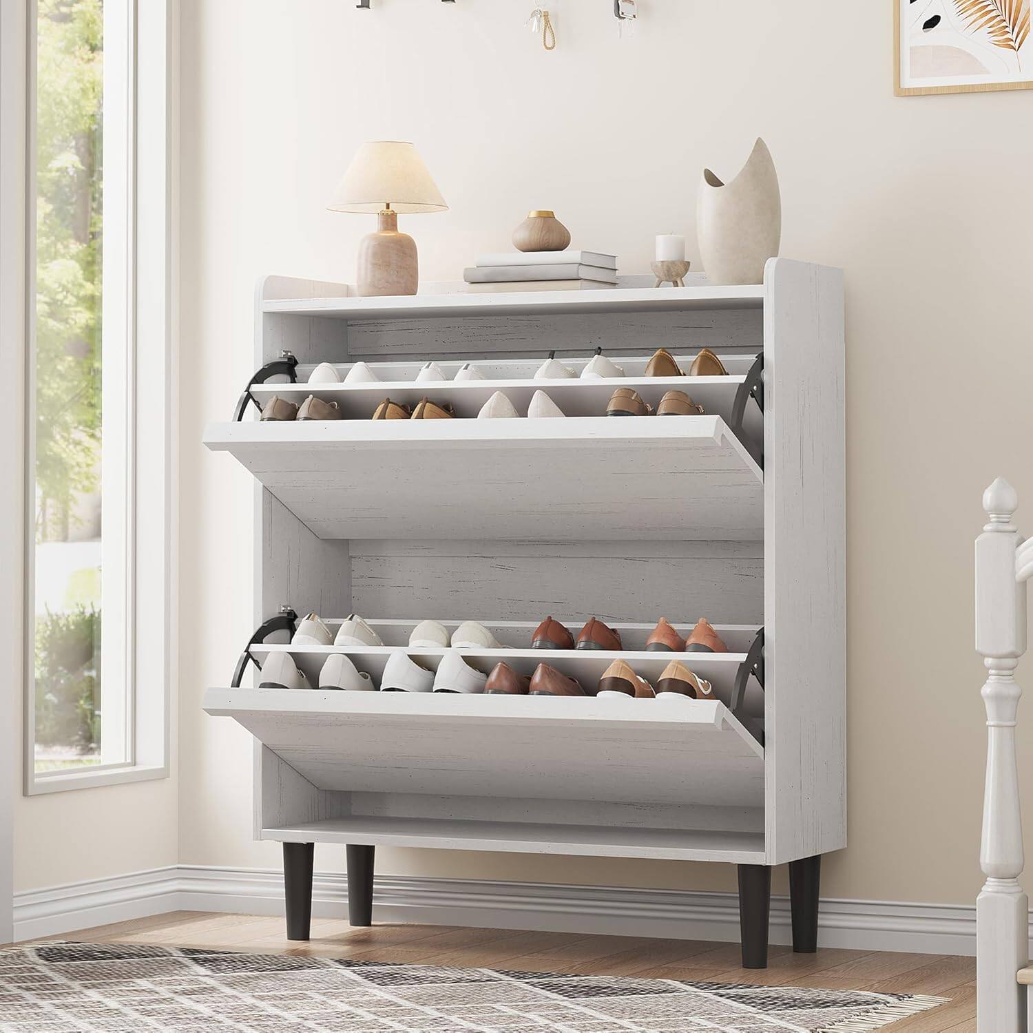 Front. Homhougo - Wooden Shoe Cabinet with 2 Flip Drawers – Adjustable Shelf Shoe Organizer, Hidden Freestanding Shoe Storage - White.