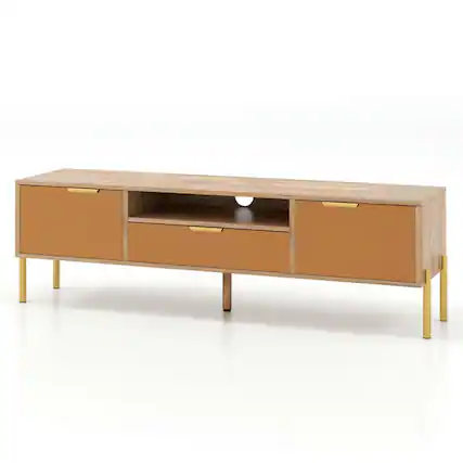 Front. Pefilos - Canddidliike Mirrored TV Stand for TV up to 65 Inch, TV Stand with Spacious Tabletop and 2 Storage Cabinets, Natural - Brown.