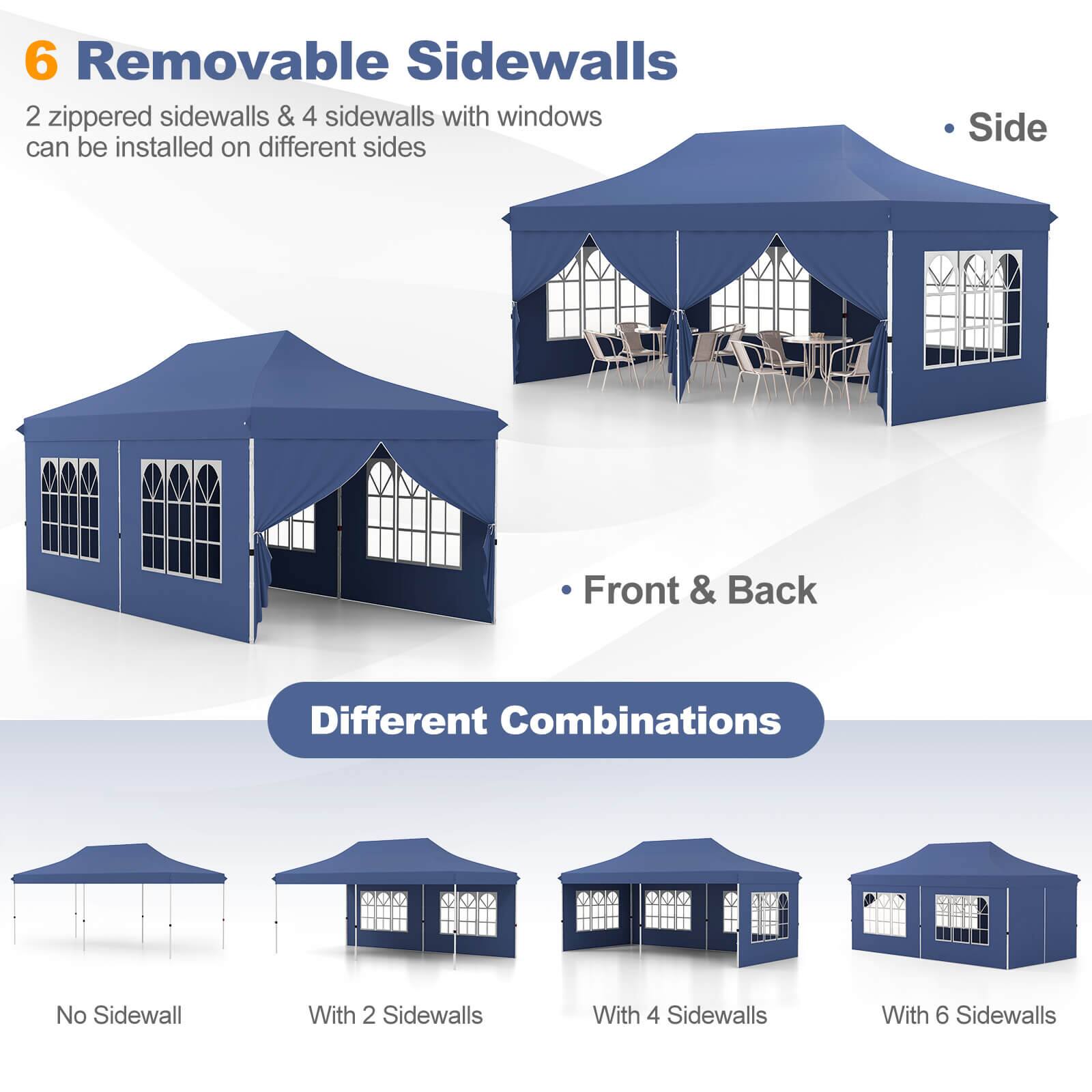 6 Removable Sidewalls
2 zippered sidewalls & 4 sidewalls with windows can be installed on different sides
Side
Front & Back
Different Combinations
No Sidewall
With 2 Sidewalls
With 4 Sidewalls
With 6 Sidewalls
