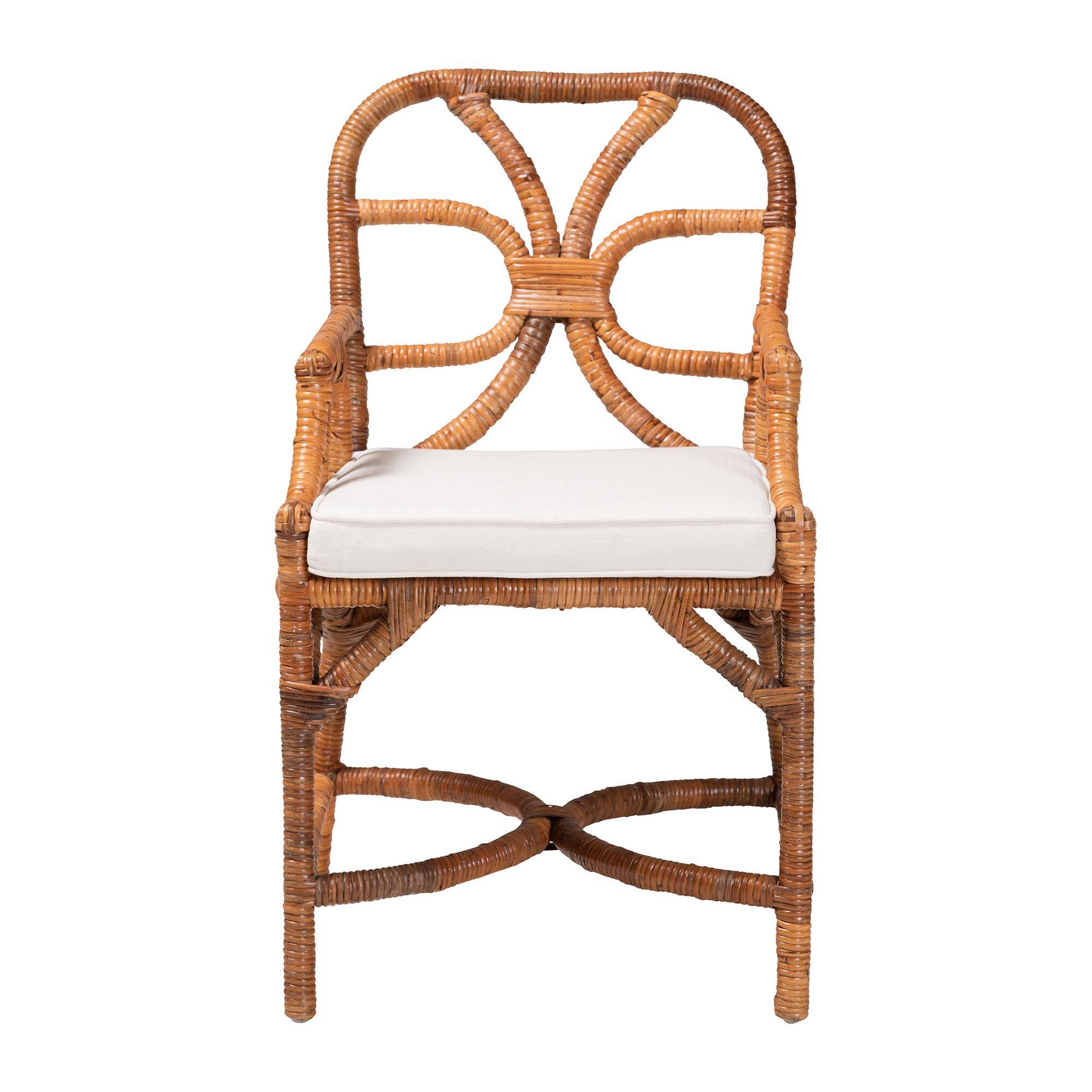 Angle. bali & pari - Alondra Natural Rattan Dining Chair - Handwoven Wicker Accent Chair with Armrests and Removable Cushion - Light Honey.