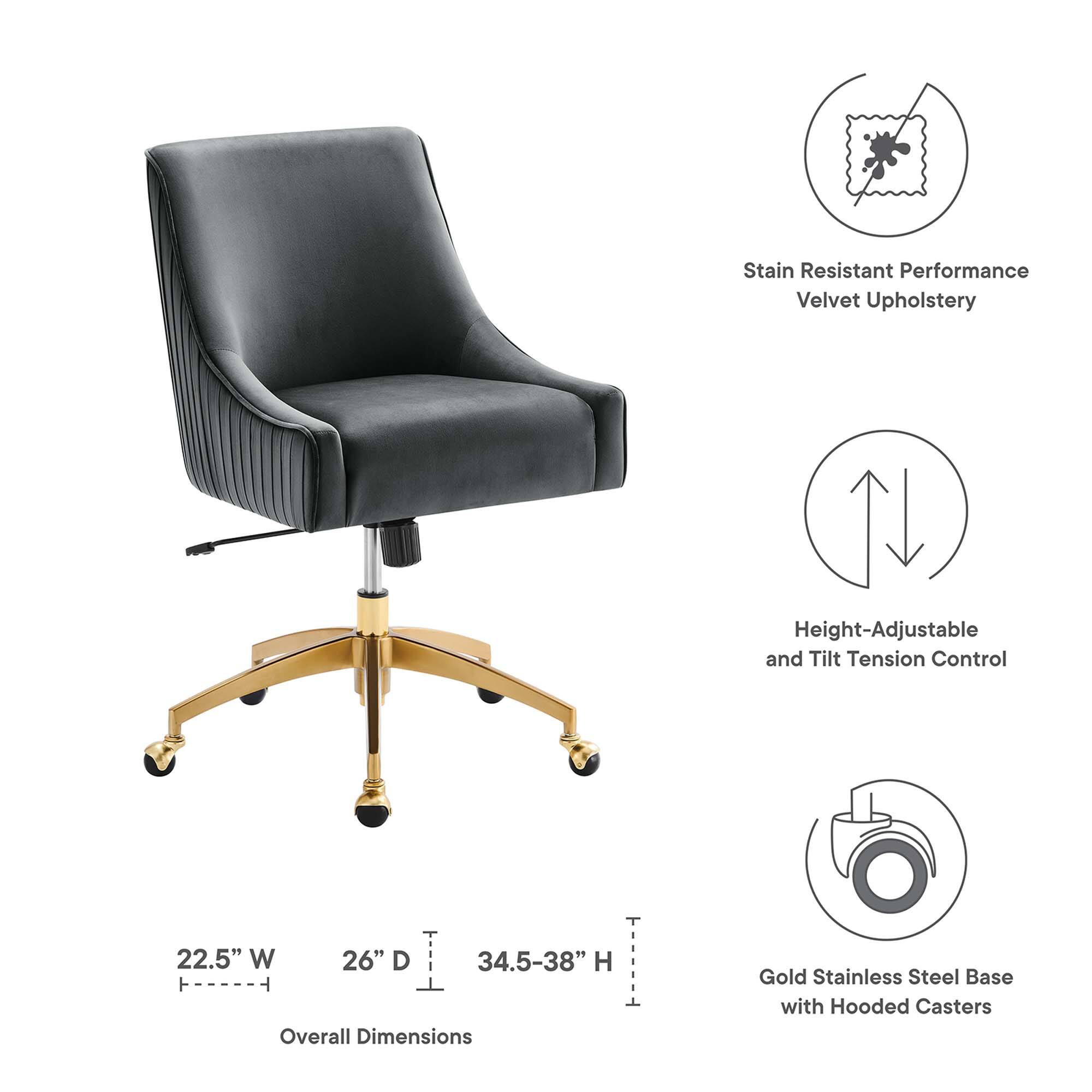 - Stain Resistant Performance Velvet Upholstery
- Height-Adjustable and Tilt Tension Control
- Overall Dimensions: 22.5" W x 26" D x 34.5-38" H
- Gold Stainless Steel Base with Hooded Casters