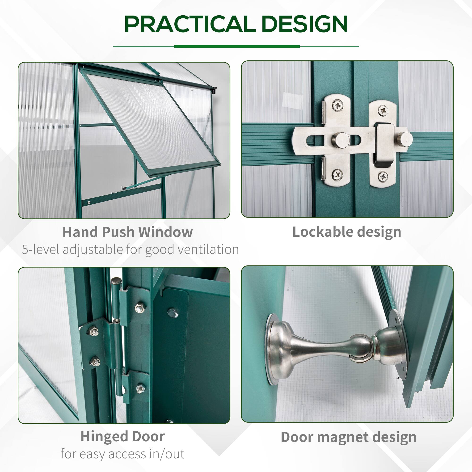 PRACTICAL DESIGN

- Hand Push Window
  - 5-level adjustable for good ventilation

- Lockable design

- Hinged Door
  - for easy access in/out

- Door magnet design