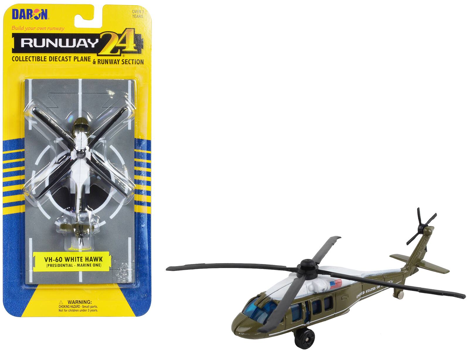 Build your own runway  
RUNWAY 24  
COLLECTIBLE DIECAST PLANE & RUNWAY SECTION  

VH-60 WHITE HAWK  
(PRESIDENTIAL - MARINE ONE)  

WARNING: CHOKING HAZARD Small parts. Not for children under 3 years.
