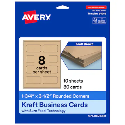 Go to avery.com/templates
Use Avery Presta™ Template 95286
Kraft Brown
8 cards per sheet
10 sheets
80 cards
1-3/4" x 3-1/2" Rounded Corners
Kraft Business Cards with Sure Feed™ Technology for Laser/Inkjet