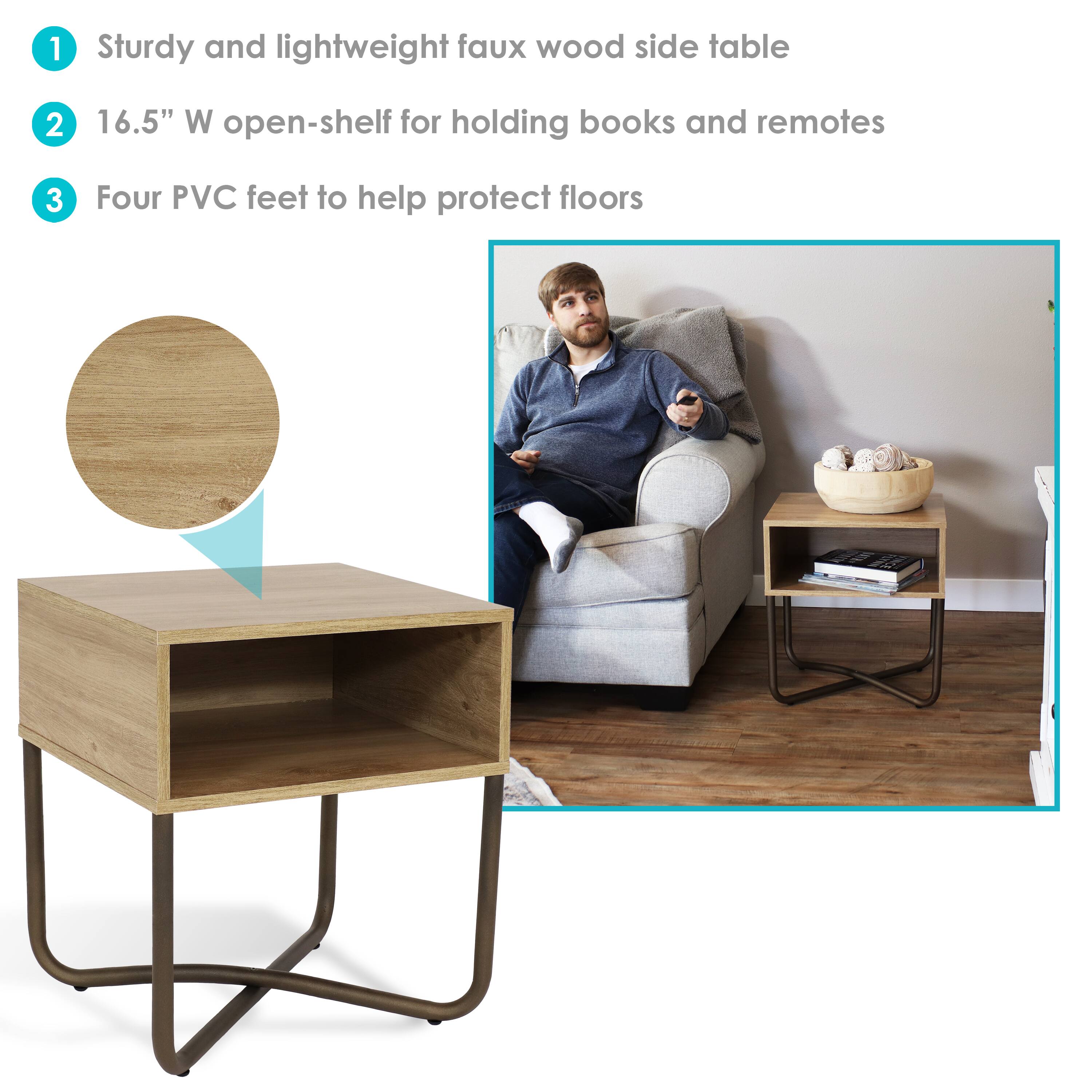 1. Sturdy and lightweight faux wood side table  
2. 16.5" W open-shelf for holding books and remotes  
3. Four PVC feet to help protect floors