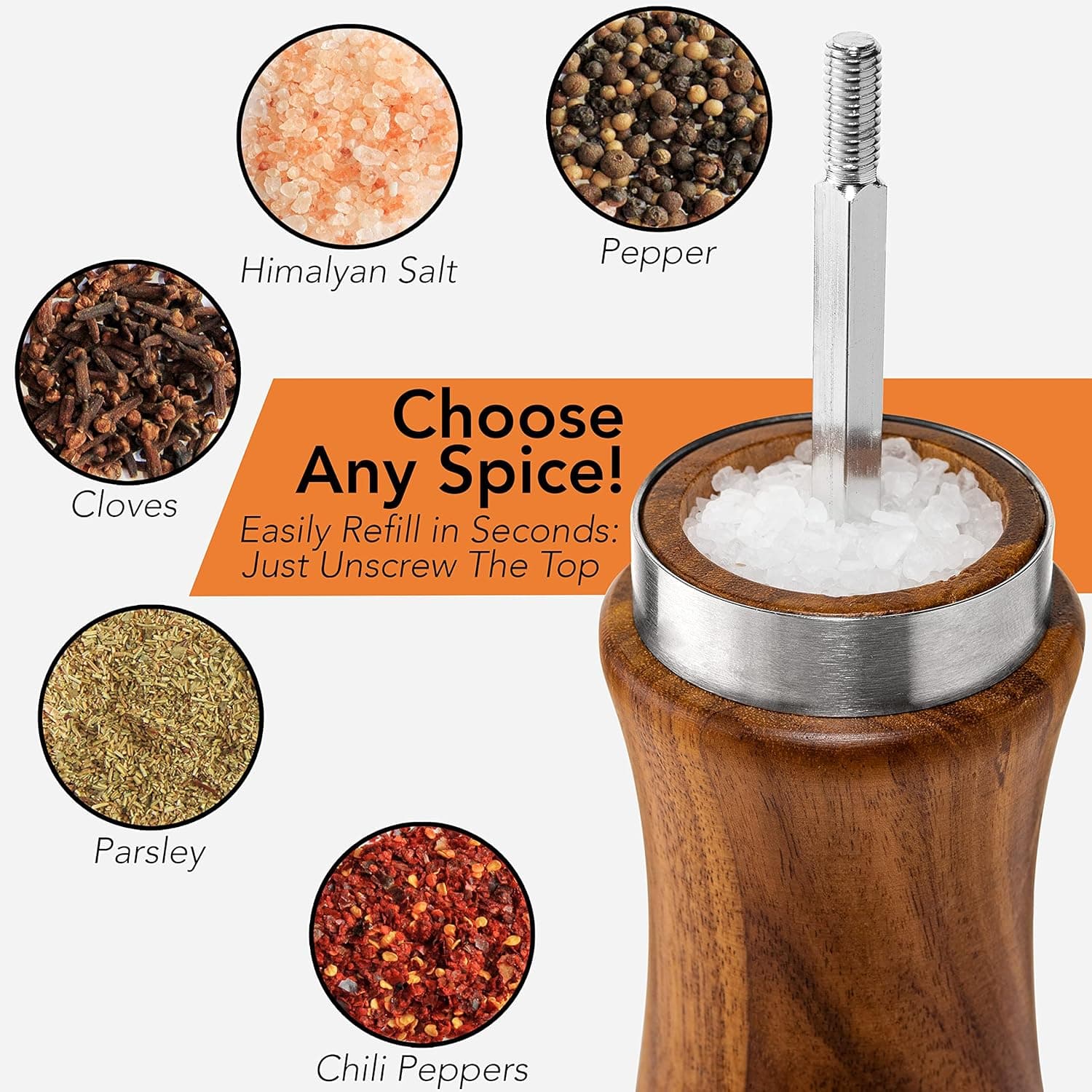 Himalayan Salt Pepper Cloves Choose Any Spice! Easily Refill in Seconds: Just Unscrew The Top Parsley Chili Peppers