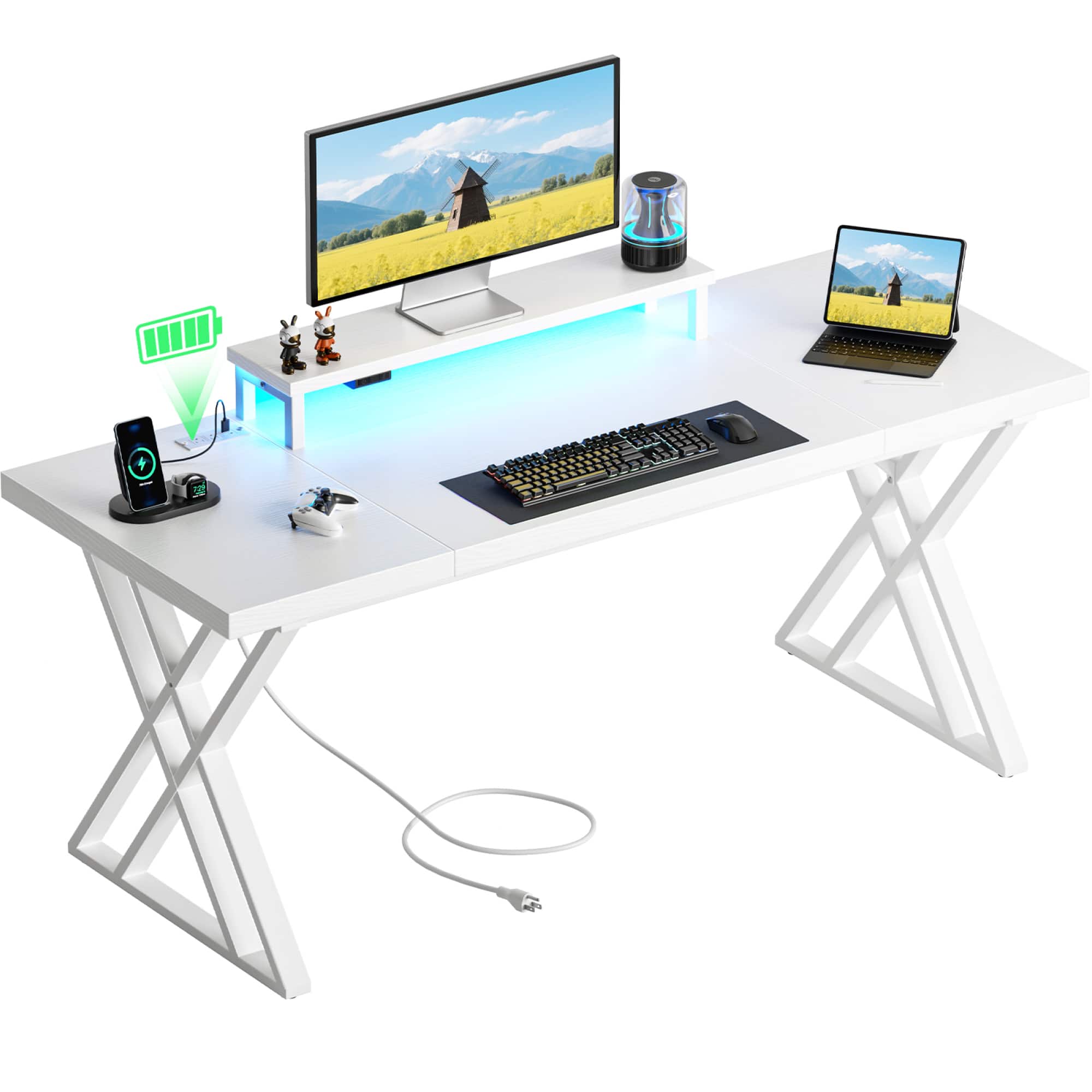 GOODSILO - Premium Thick Desktop Computer Desk with Integrated Power Station and Ergonomic Monitor Riser for Home Office Setup - White