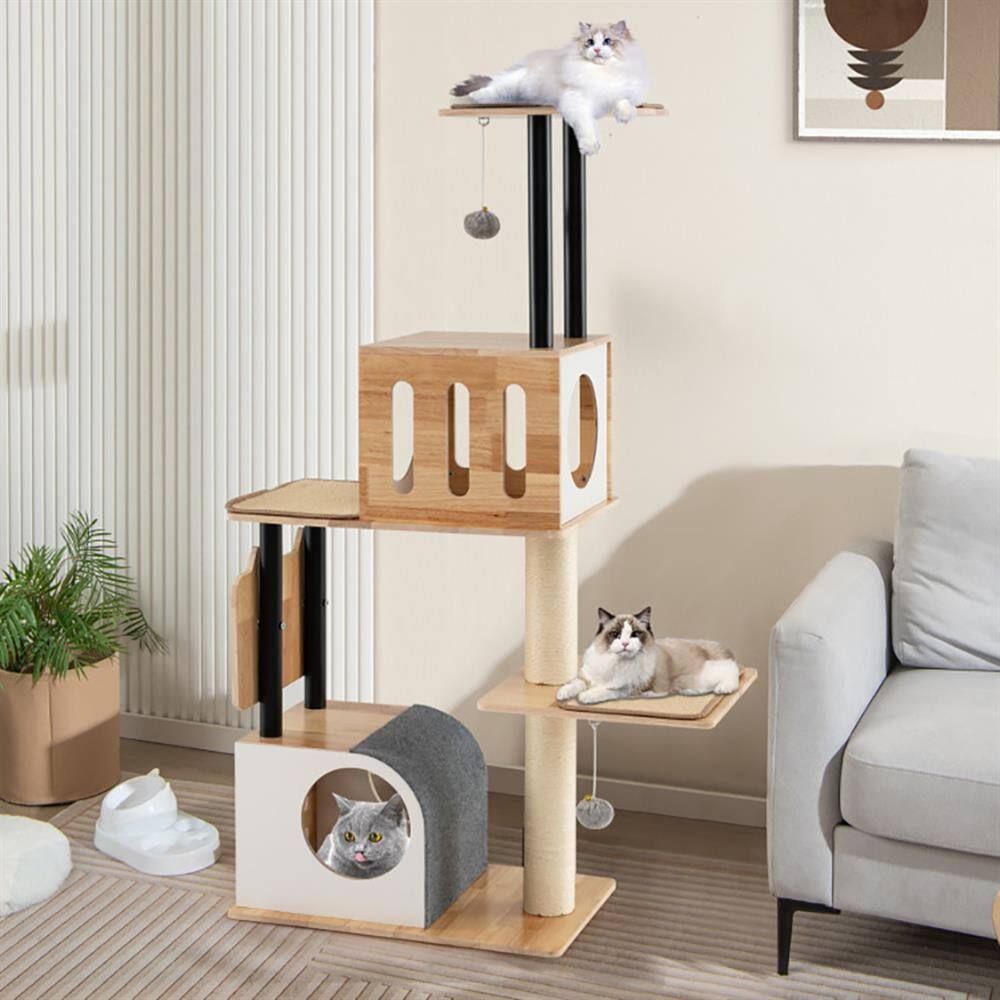 Alt View 2. Kadyn - Cat Scratching Tower,Cat Tree, Modern Tall Cat Tower with Double Condos with Dangling Balls and Sisal Carpets-Natural - Brown.