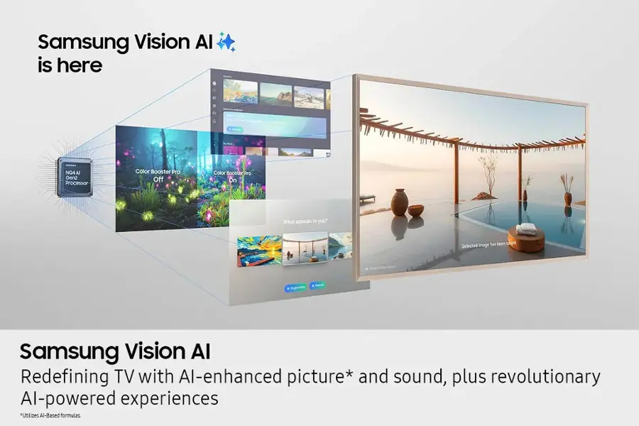 Samsung Vision Al is here, featuring a powerful x NQ4A Al Gen2 Processor, Color Booster Pro On, and Color Booster Pro Off. What appeals to you? The image has been selected, and you can now see the Samsung Vision Al in action, redefining TV with Al-enhanced picture and sound, plus revolutionary Al-powered experiences. Utilizes Al-Based formulas.