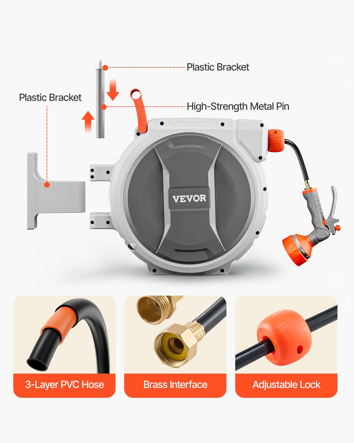 - Plastic Bracket
- High-Strength Metal Pin
- 3-Layer PVC Hose
- Brass Interface
- Adjustable Lock