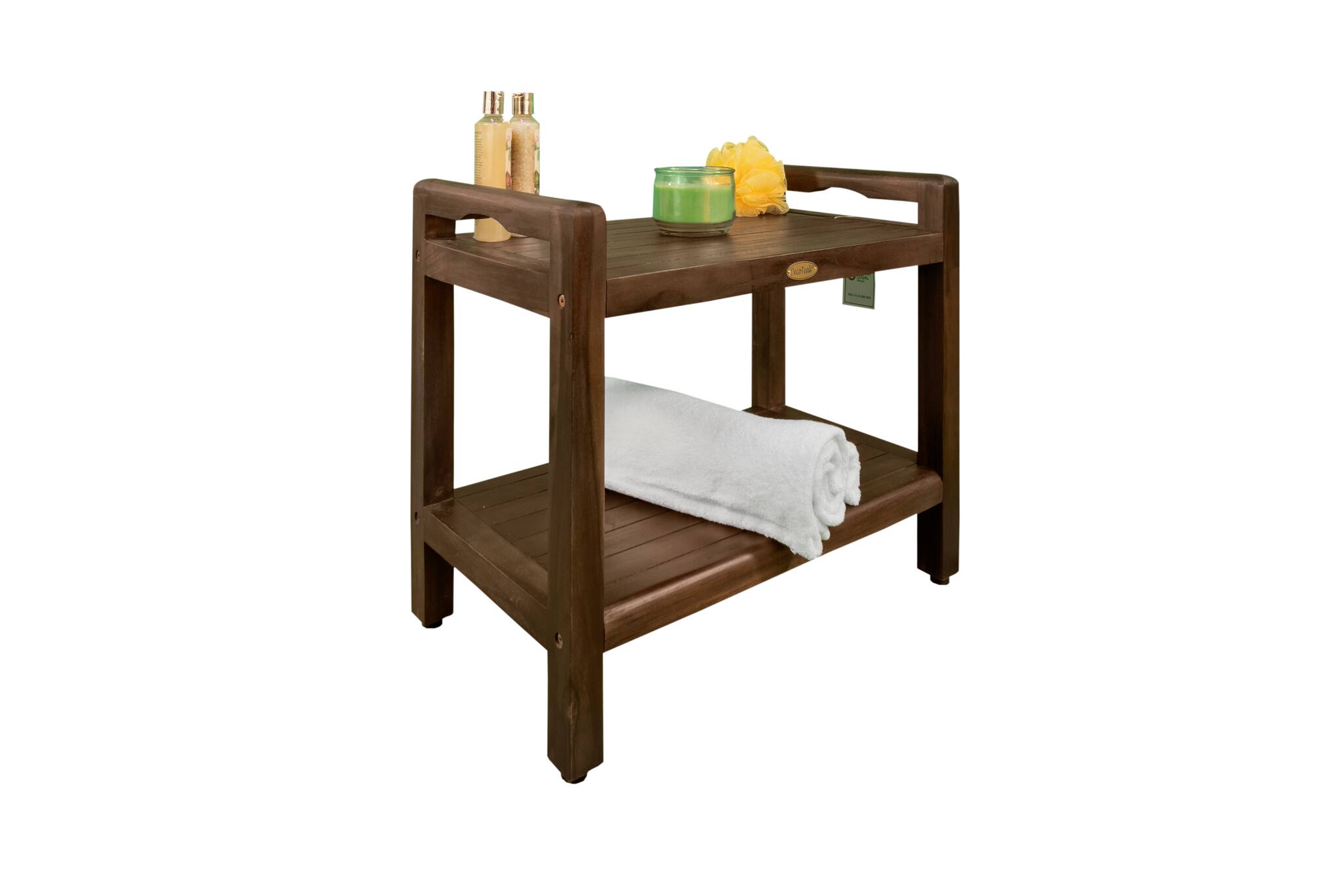 Left. DecoTeak - DecoTeak Eleganto 24" Teak Wood Shower Bench with LiftAide Arms and Shelf in Woodland Brown Finish - Woodland Brown.