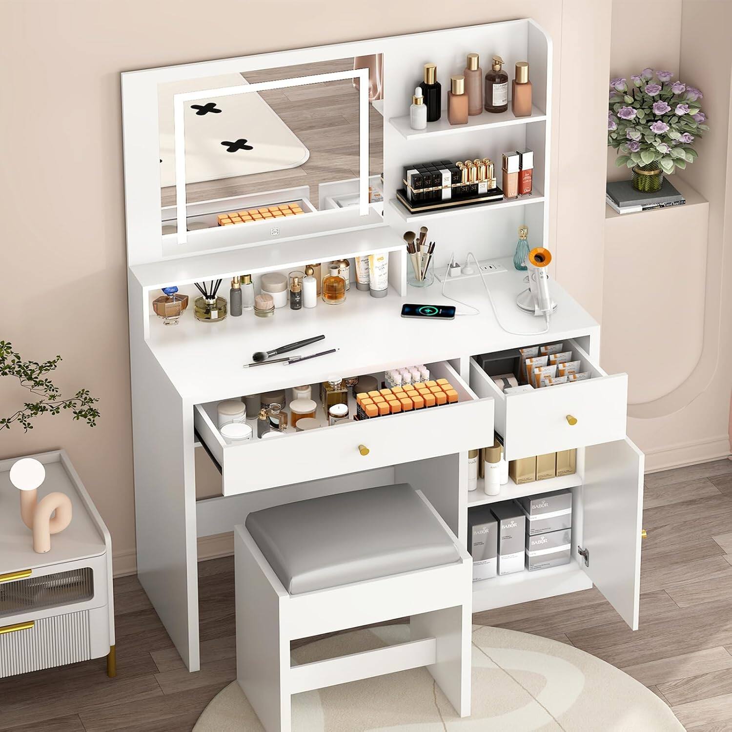 Alt View 3. Espafurni - White Vanity Desk Set with LED Light Mirror & Power Outlet, Makeup Table with 3 Shelves & 2 Drawers & 3 Level Adjustable - White.