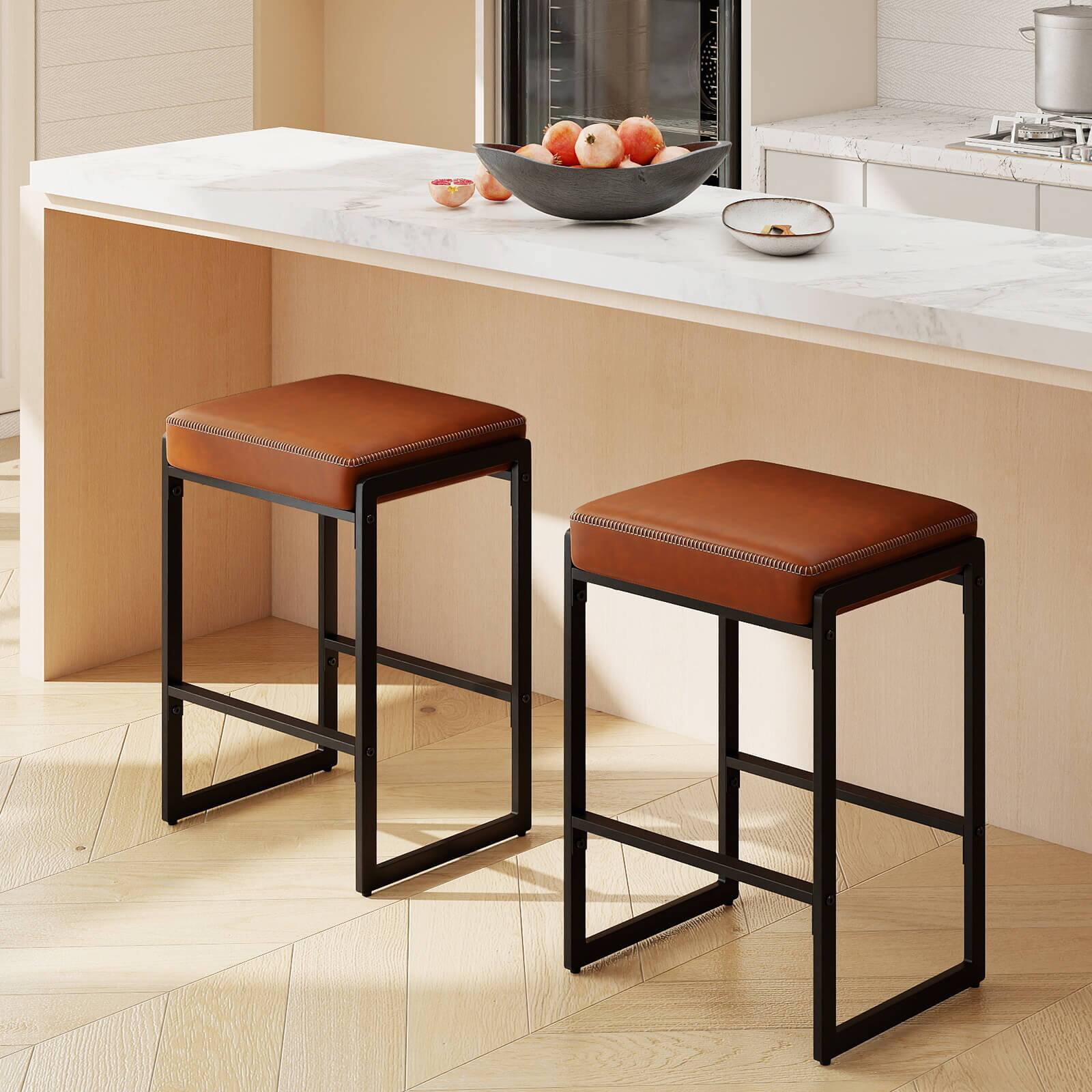 Alt View 3. Costway - Costway 26" Bar Stools Set of 2 with Faux Leather Upholstered Seat, Metal Legs, Footrests - Brown + Black.