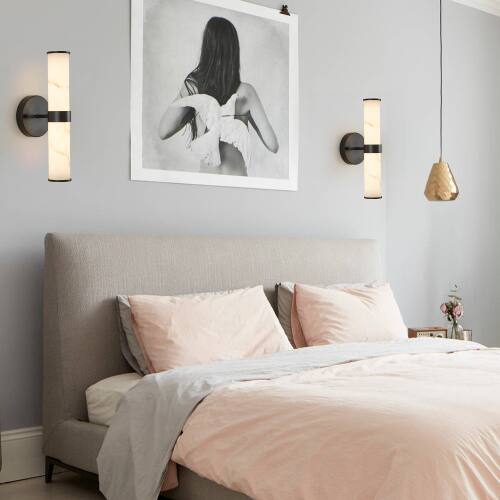 Alt View 1. LUCKY ONE - Resin Imitation Marble Wall Light Set of 2, Black Iron Frame Sconce for Hallway Bathroom Bedroom - Black.