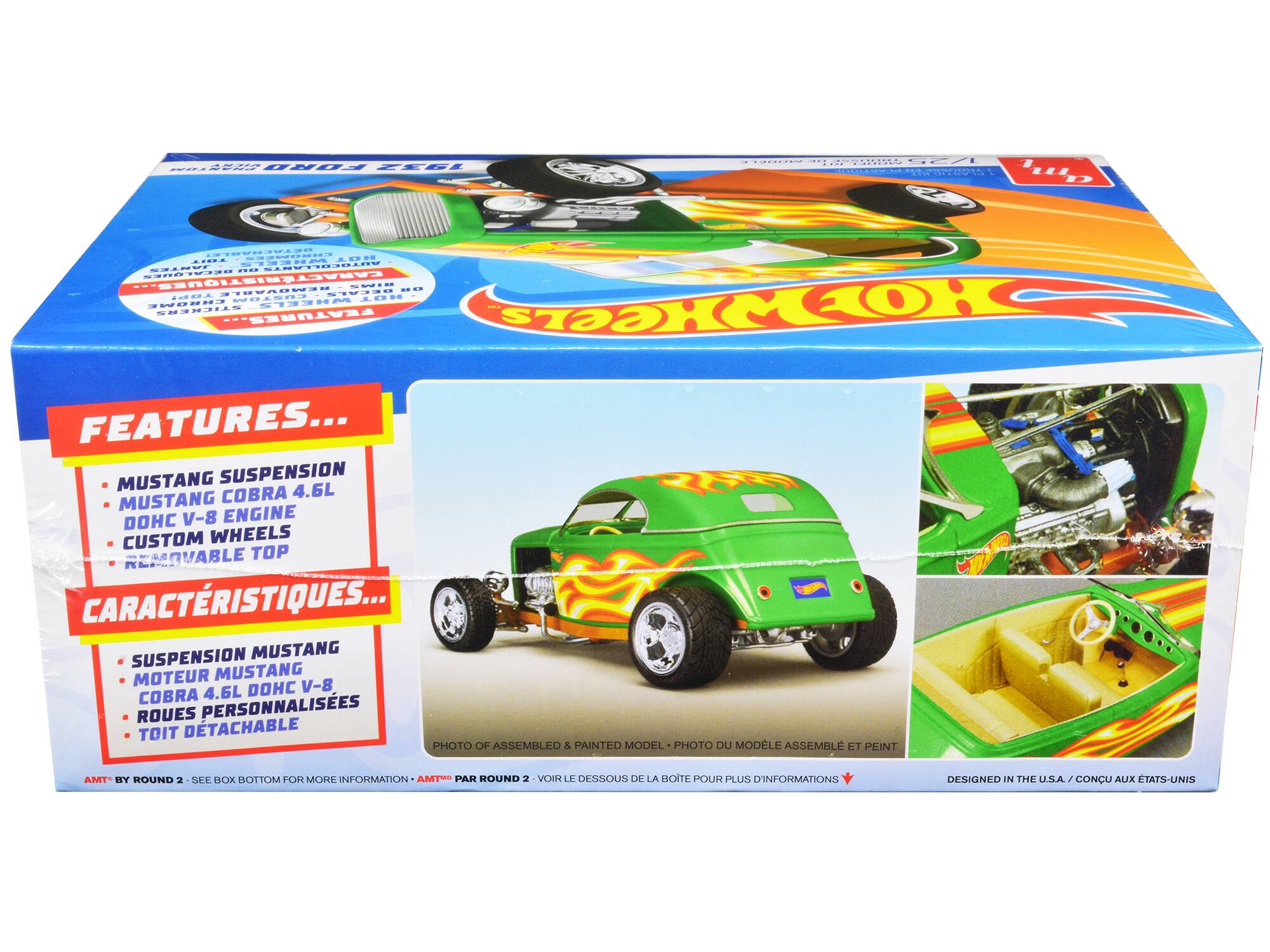 Sure, here is the corrected and grouped text from the image:

---

**FEATURES...**

- MUSTANG SUSPENSION
- MUSTANG COBRA 4.6L DOHC V-8 ENGINE
- CUSTOM WHEELS
- REMOVABLE TOP

**CARACTÉRISTIQUES...**

- SUSPENSION MUSTANG
- MOTEUR MUSTANG COBRA 4.6L DOHC V-8
- ROUES PERSONNALISÉES
- TOIT DÉTACHABLE

---

**PHOTO OF ASSEMBLED & PAINTED MODEL • PHOTO DU MODÈLE ASSEMBLÉ ET PEINT**

**AMT BY ROUND 2 • SEE BOX BOTTOM FOR MORE INFORMATION • AMT PAR ROUND 2 • VOIR LE DESSOUS DE LA BOITE POUR PLUS D'INFORMATIONS**

**DESIGNED IN THE U.S.A. / CONÇU AUX ÉTATS-UNIS**

---