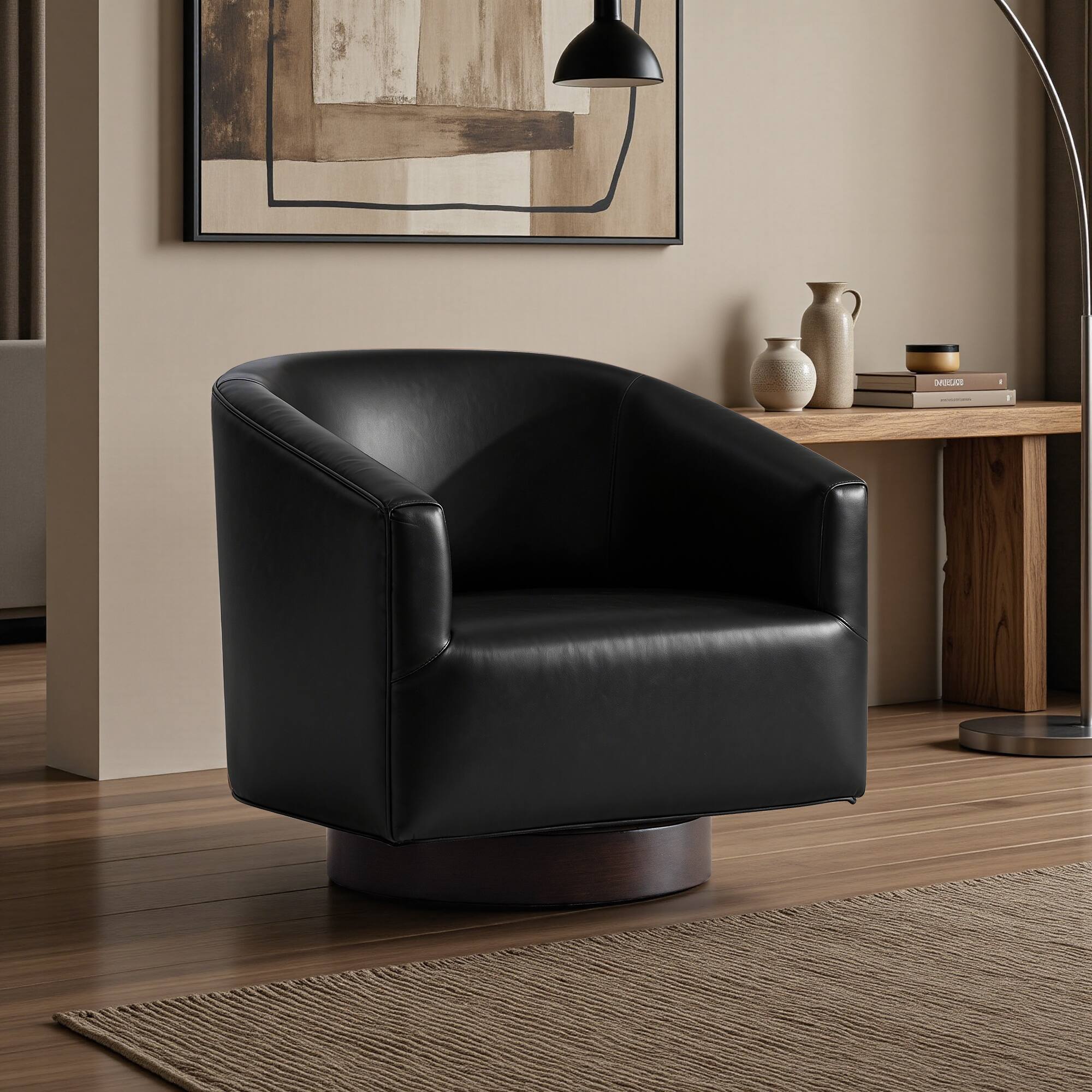 Alt View 5. KERDOM - Swivel Single Sofa Side Chair, Living Room Accent Armchair, PU Leather Round Barrel Chair Club Chair, No Assembly Needed - Black.