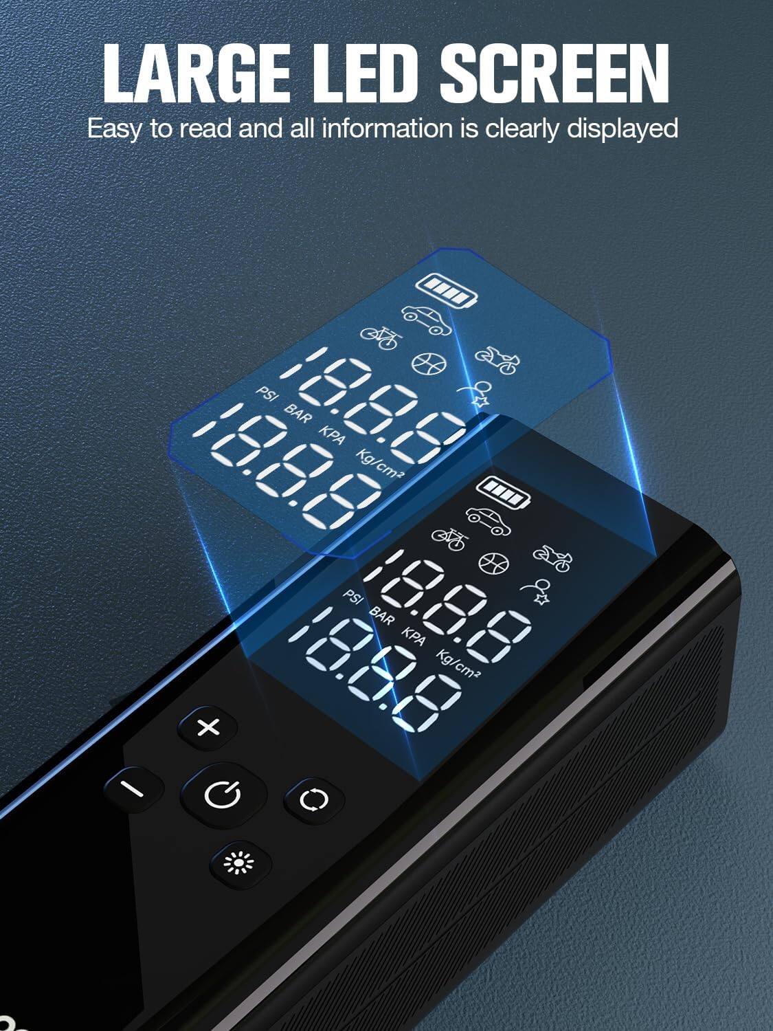 LARGE LED SCREEN  
Easy to read and all information is clearly displayed  

PSI BAR KPA Kg/cm²  
18.8.8 BAR A  
18.88 Kg/cm²