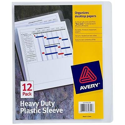 Organizes desktop papers  
Archival safe and acid free  
Durable: Protects important papers  
Secure: Sealed on two sides  
Easy to see contents of file  

12 Pack  
Heavy Duty Plastic Sleeve  

AVERY  
VO11N-CR  
23311 2A11  
Made in China