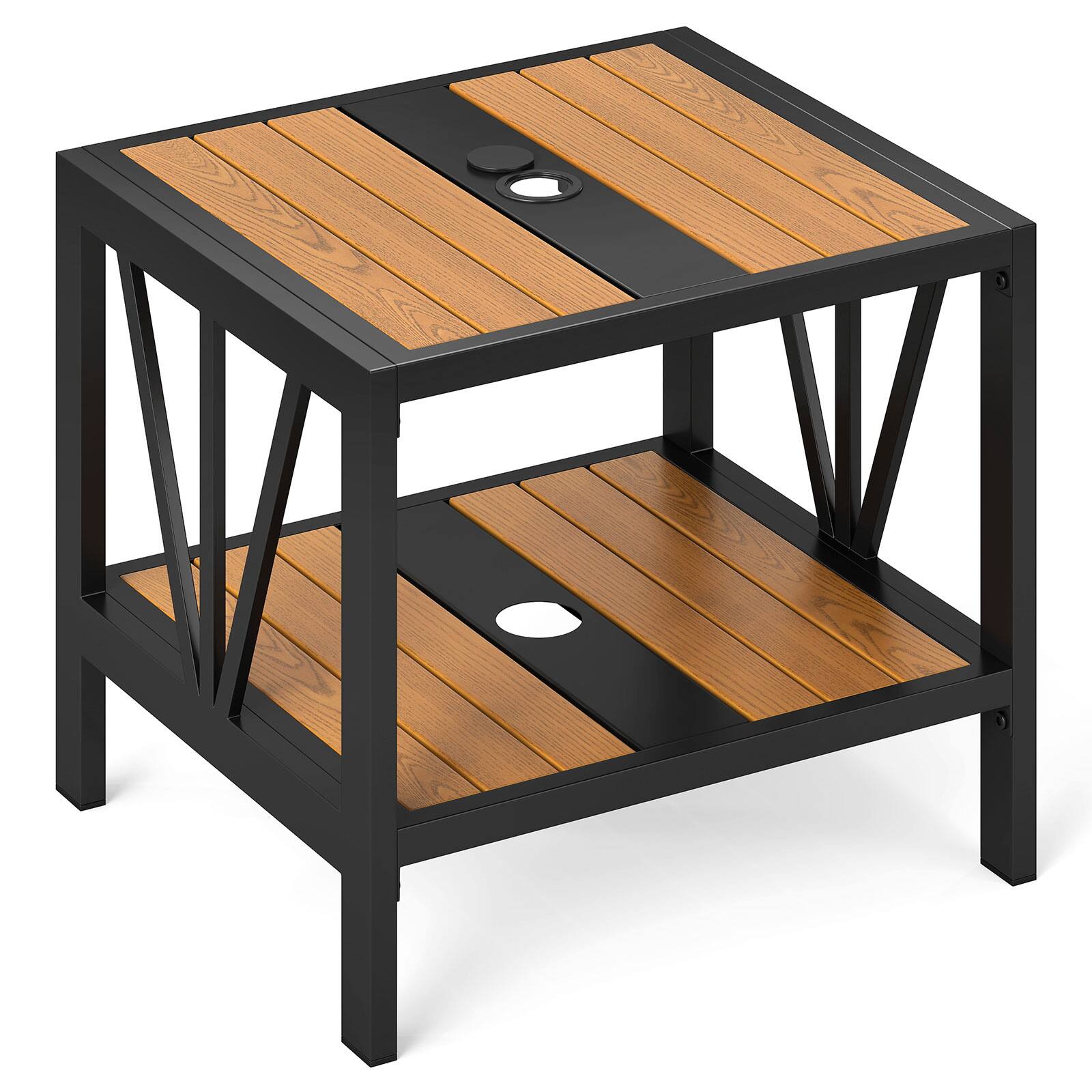Alt View 8. Gymax - Gymax Outdoor Side Table 2-Tier Coffee End Table w/ 1.57'' Umbrella Hole Storage Shelf - Black.
