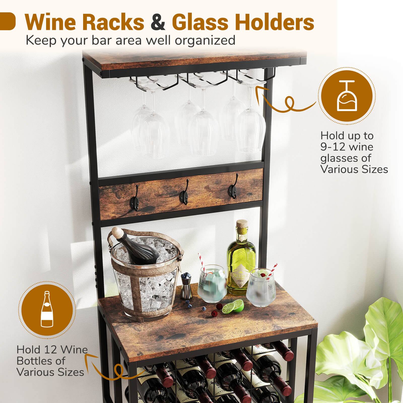 Wine Racks & Glass Holders
Keep your bar area well organized
Hold up to 9-12 wine glasses of Various Sizes
Hold 12 Wine Bottles of Various Sizes