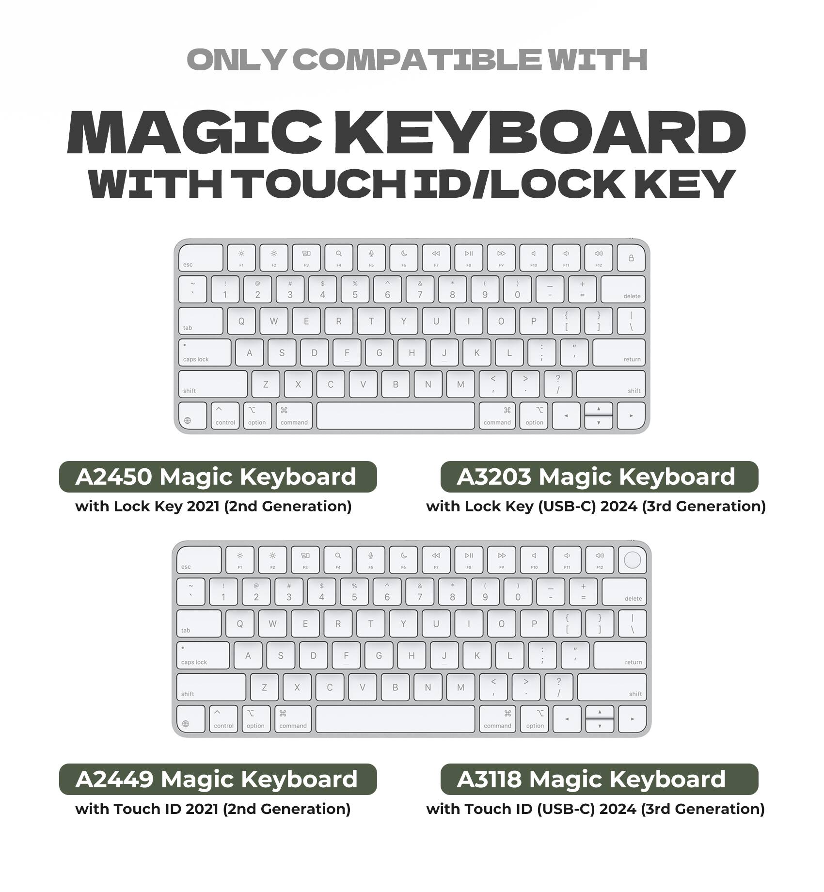 ONLY COMPATIBLE WITH MAGIC KEYBOARD WITH TOUCH ID/LOCK KEY

A2450 Magic Keyboard with Lock Key 2021 (2nd Generation)
A3203 Magic Keyboard with Lock Key (USB-C) 2024 (3rd Generation)

A2449 Magic Keyboard with Touch ID 2021 (2nd Generation)
A3118 Magic Keyboard with Touch ID (USB-C) 2024 (3rd Generation)