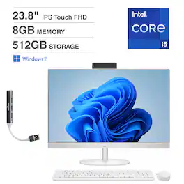 HP - 24 All-in-One 23.8 FHD Display (i5-1334U, 8GB, 512GB SSD, Intel UHD, WiFi 6, Webcam, Win 11 Home) w/USB Hub - Shell White