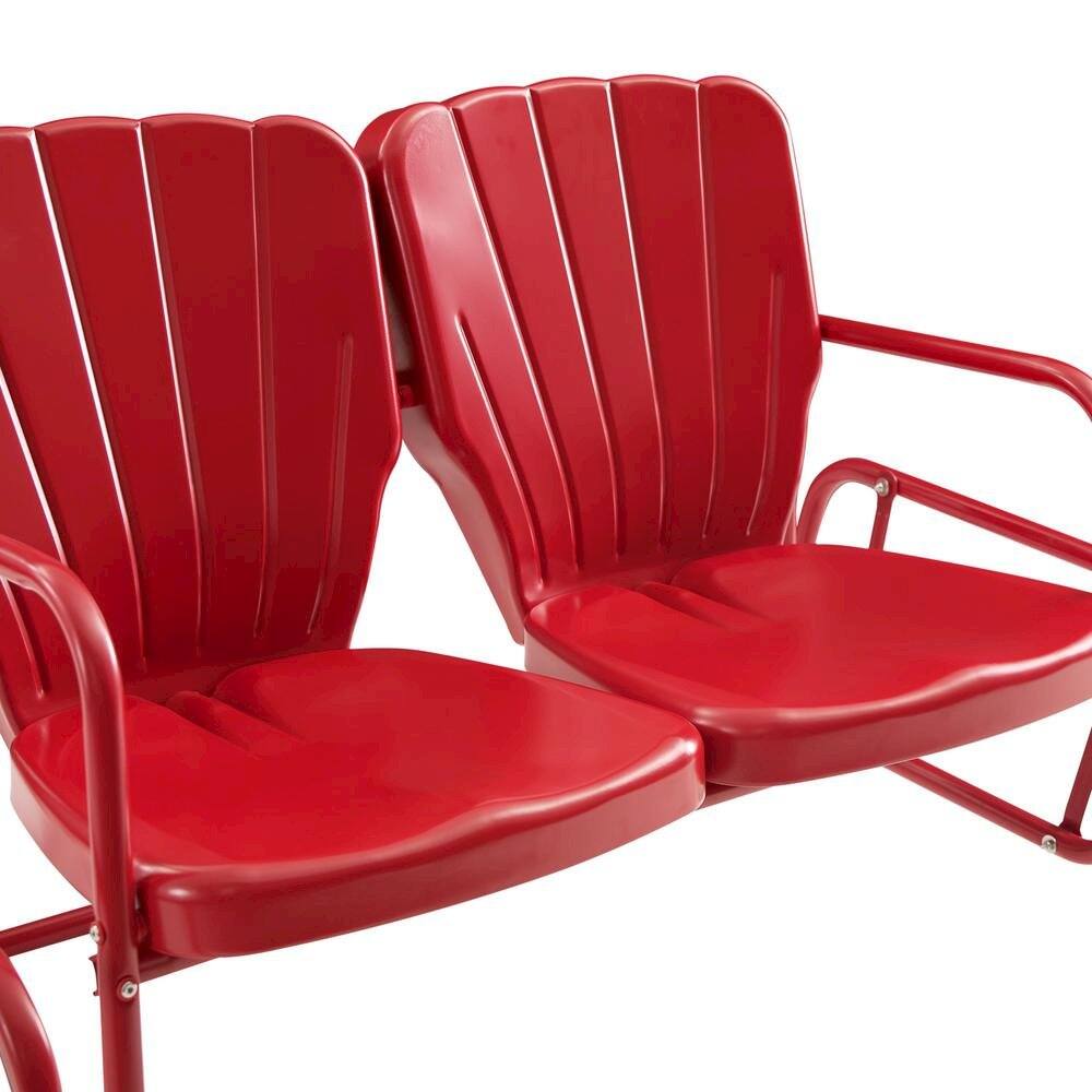Left. Outdoor Escape - Red Outdoor Loveseat Glider – Retro Furniture Seating for Two People - Bright Red Gloss.