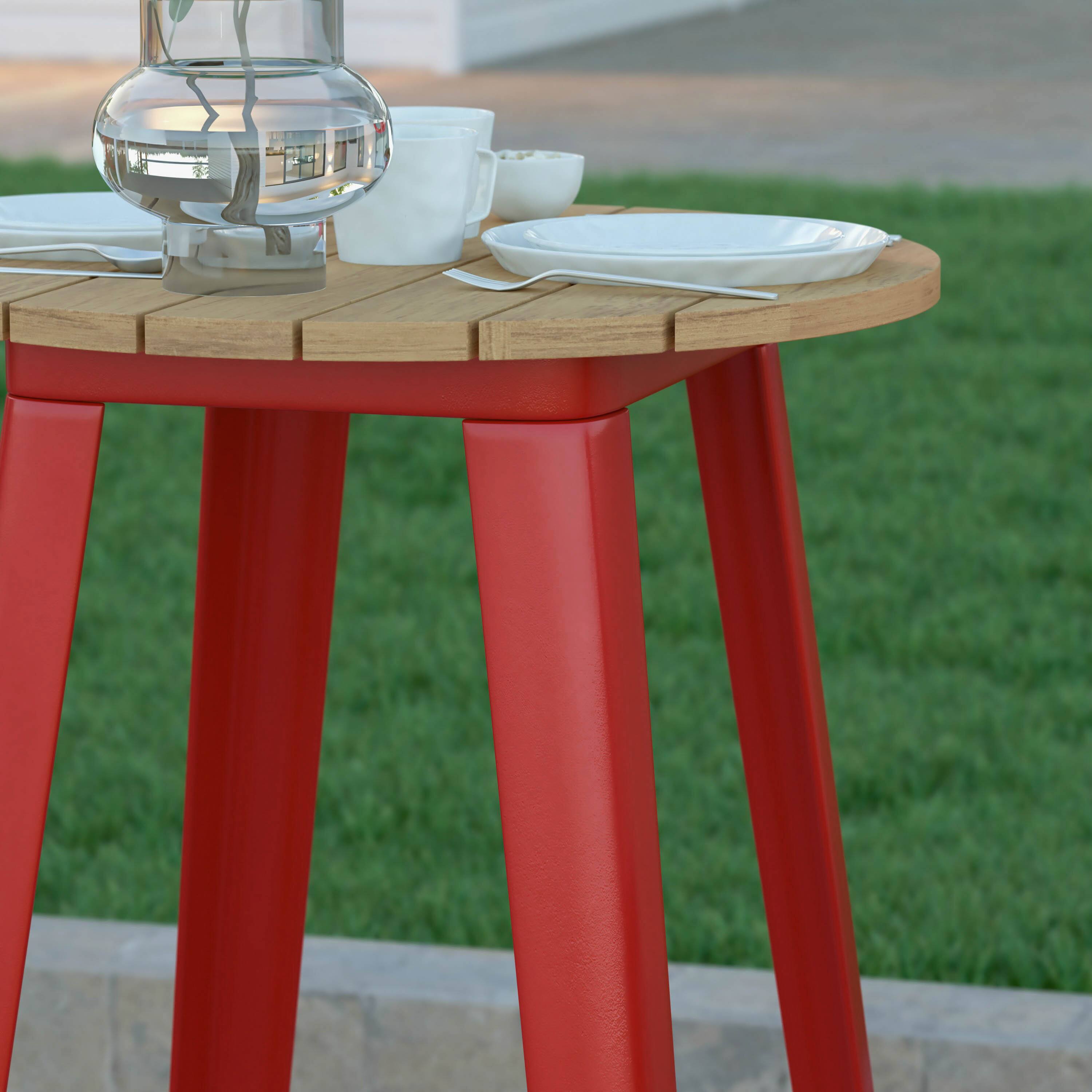 Alt View 4. Emma + Oliver - Drew Indoor/Outdoor Bar Top Table, 23.75" Round All Weather Poly Resin Top with Steel base - Brown Top/Red Frame.