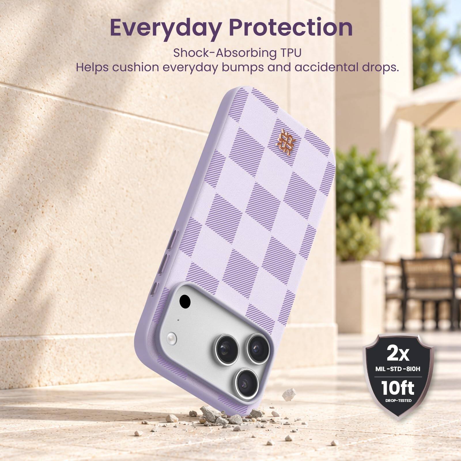 Everyday Protection  
Shock-Absorbing TPU  
Helps cushion everyday bumps and accidental drops.  

2x MIL-STD-810H 10ft DROP-TESTED