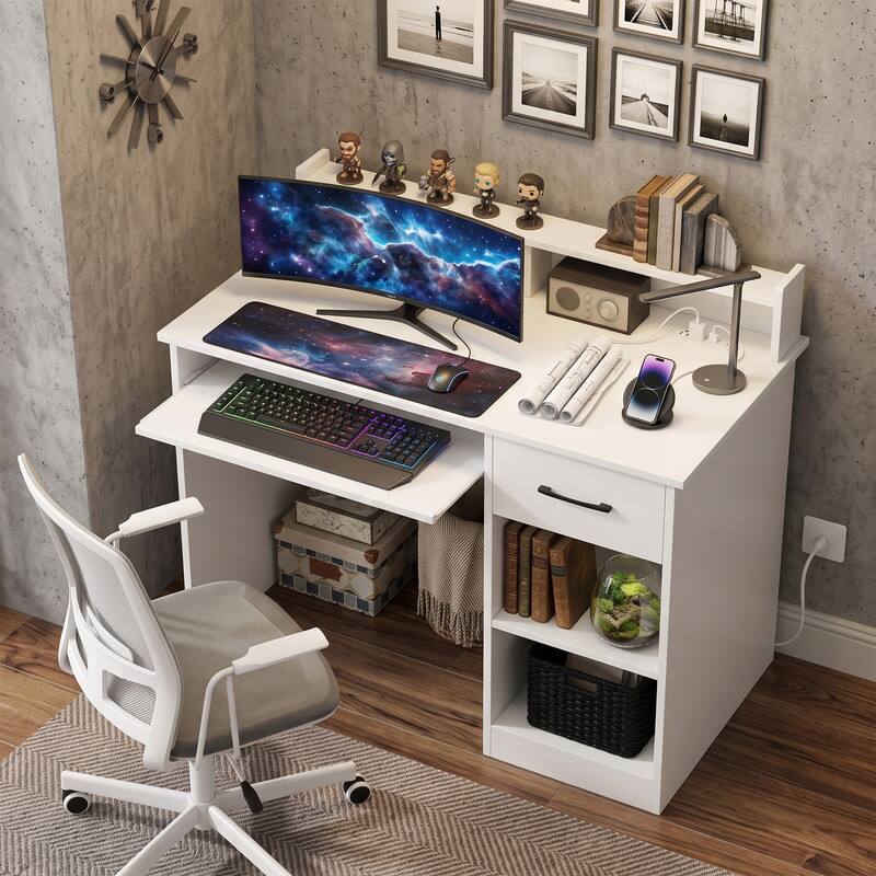 Front. WELLFOR - 39.5" Computer Desk with Keyboard Tray & Dawers, Home Office Desk with Charging Station & Monitor Stand - White.