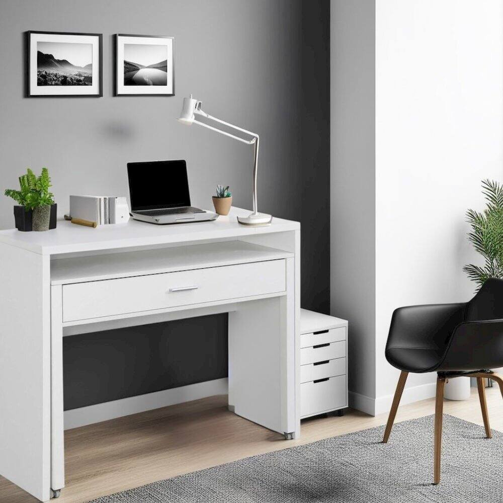 Back. FurniFact - White Office Desk with Sliding Drawer, Riser, and Spacious Honeycomb Design - White.