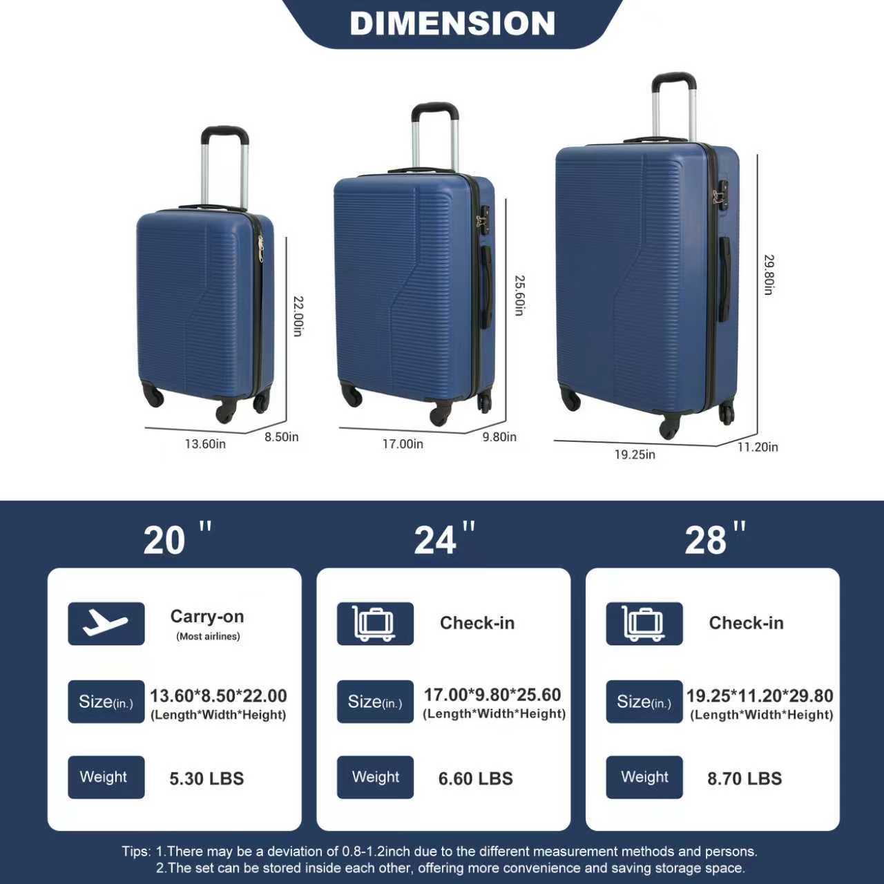 DIMENSION

22.00in  
25.60in  
29.80in  
13.60in  
8.50in  
17.00in  
9.80in  
19.25in  
11.20in  

20"  
24"  
28"  

Carry-on (Most airlines)  
Check-in  
Check-in  

Size(in.)  
13.60*8.50*22.00 (Length*Width*Height)  
17.00*9.80*25.60 (Length*Width*Height)  
19.25*11.20*29.80 (Length*Width*Height)  

Weight  
5.30 LBS  
6.60 LBS  
8.70 LBS  

Tips:  
1. There may be a deviation of 0.8-1.2 inch due to the different measurement methods and persons.  
2. The set can be stored inside each other, offering more convenience and saving storage space.