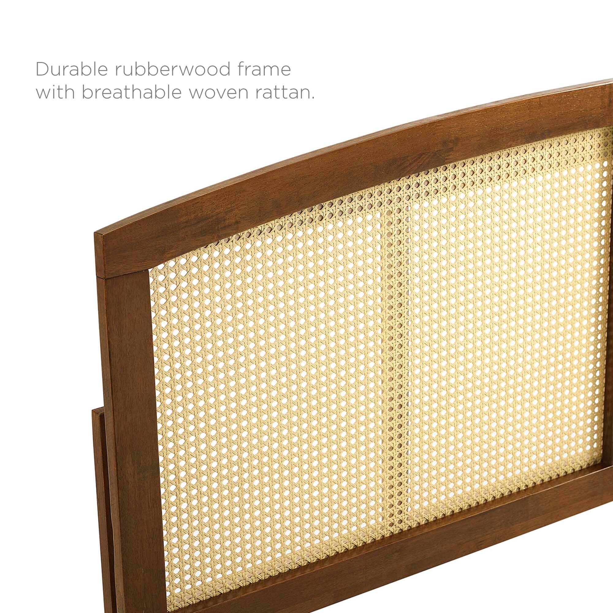 Durable rubberwood frame with breathable woven rattan.